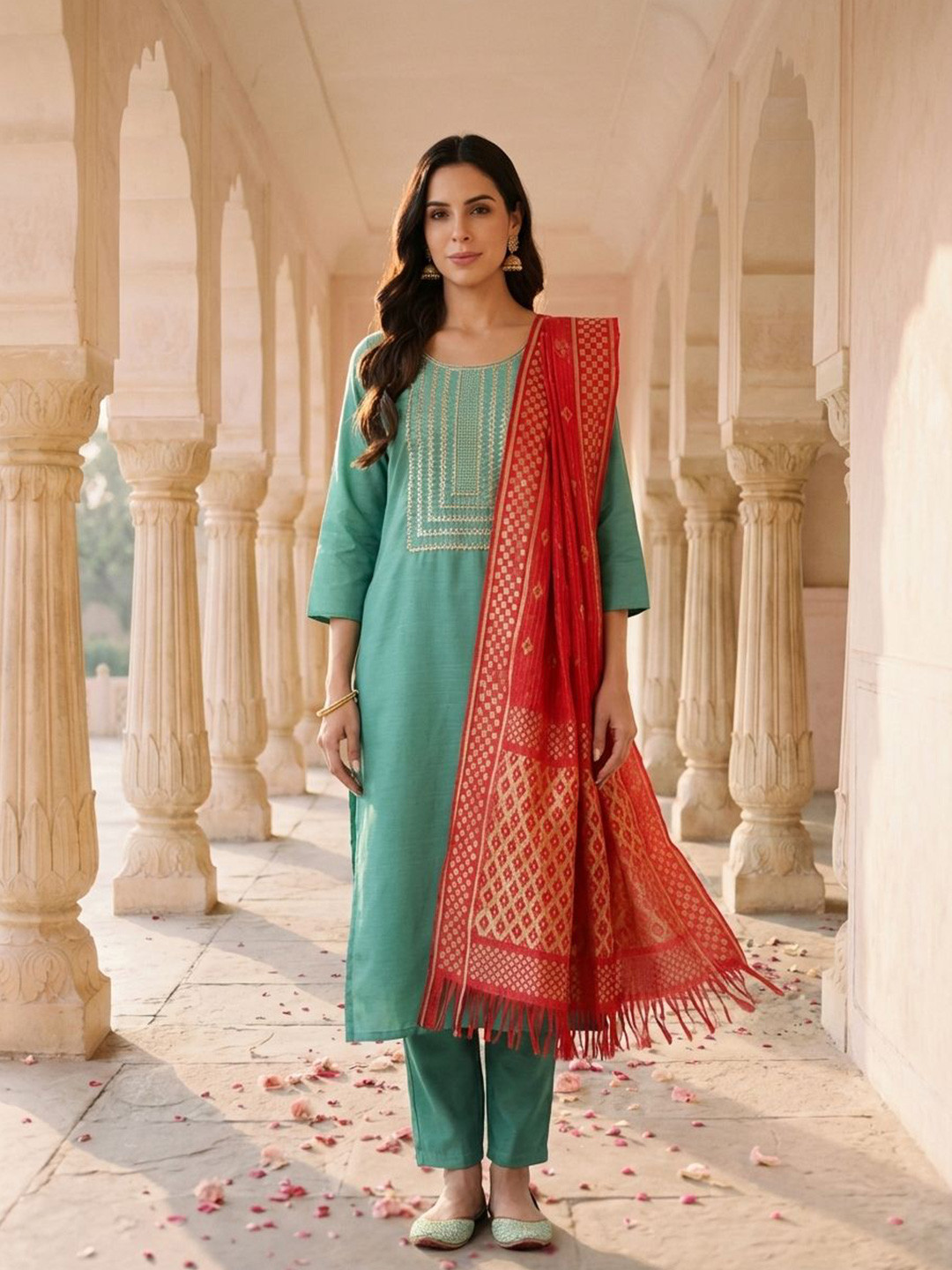 Yuris Women Embroidered Sequinned Kurta with Trousers & With Dupatta