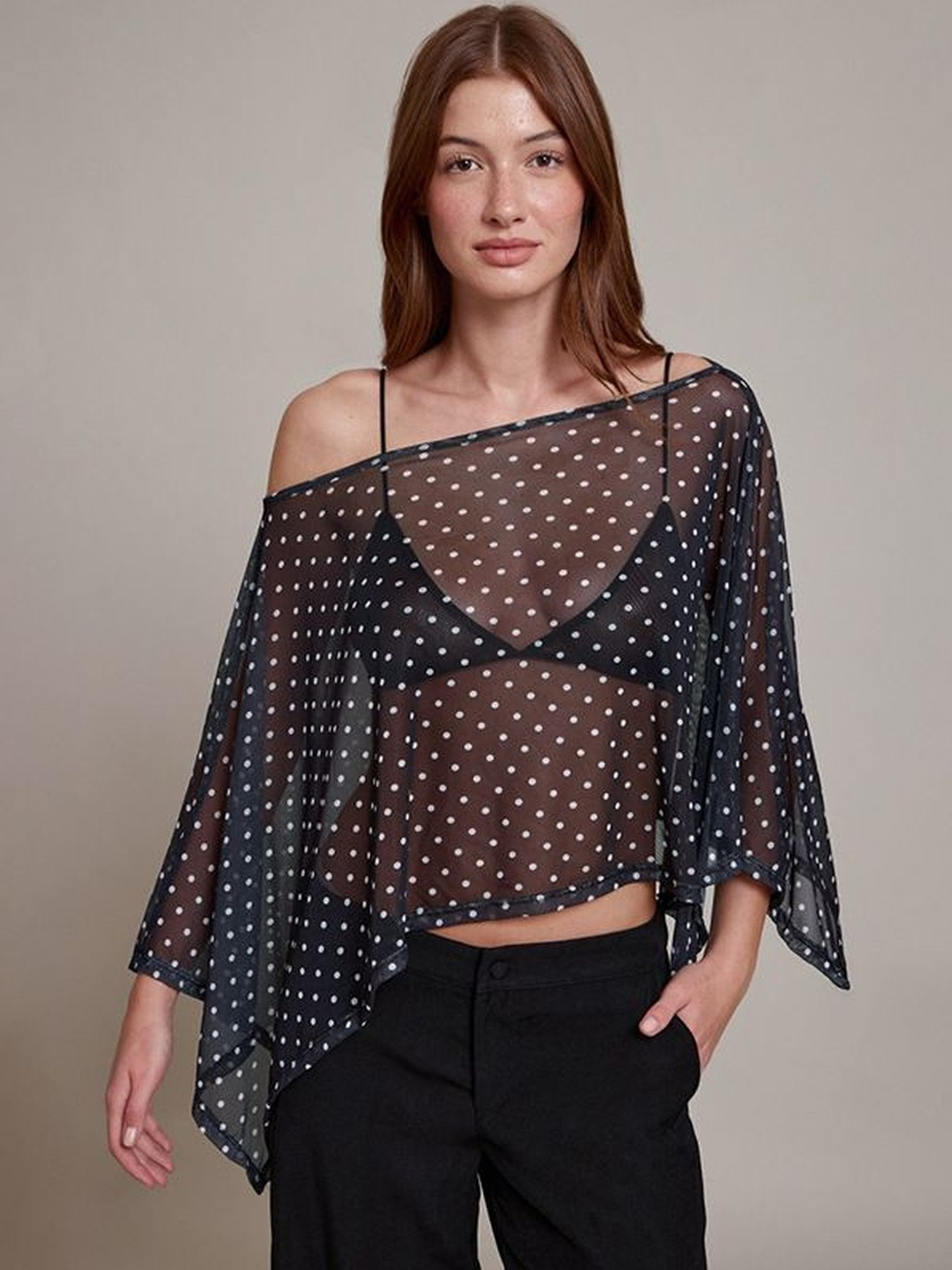 StyleCast x Revolte Polka Dot Print One Shoulder Flutter Sleeve Net Crop Top