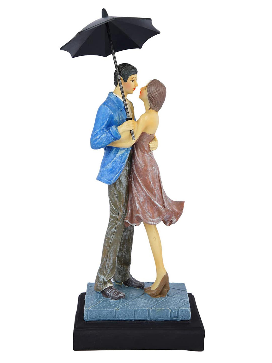 CraftVatika Blue Love Couple Under Umbrella Couple Showpieces