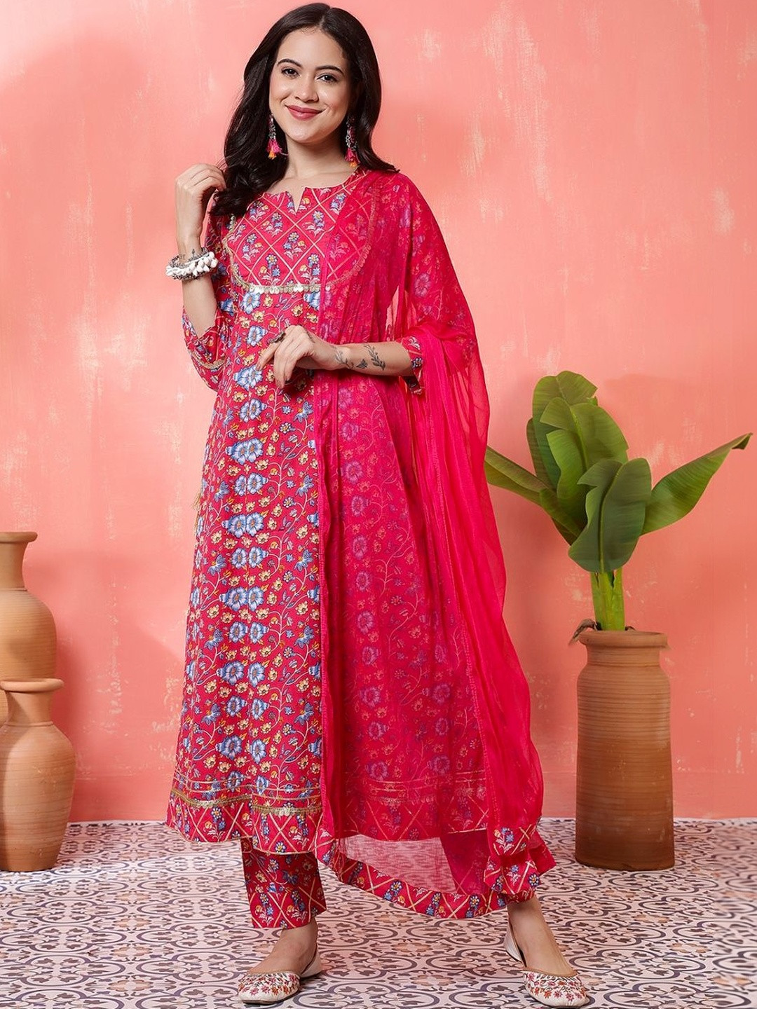 Sangria Embroidered Pure Cotton Round Neck Kurta & Palazzos Kurta Sets