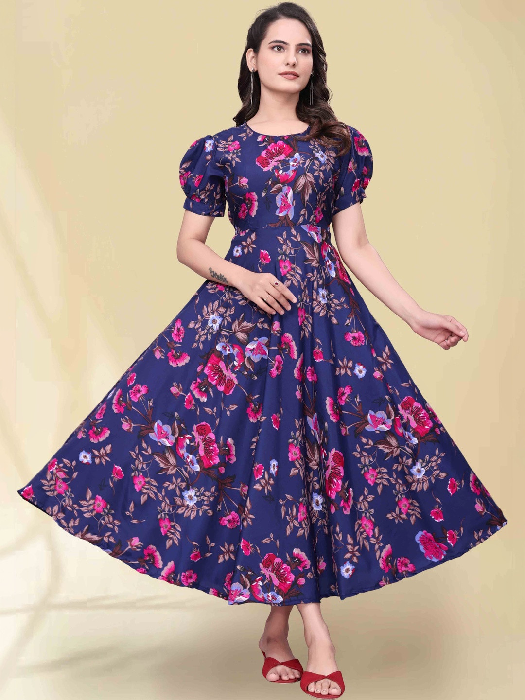 QENA Floral Print Puff Sleeve Georgette Fit & Flare Midi Dress