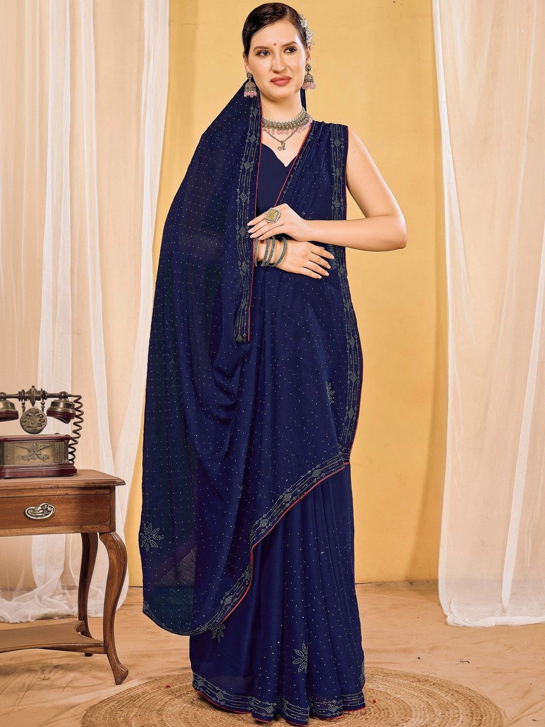 EMV Embellished Sequinned Pure Chiffon Saree