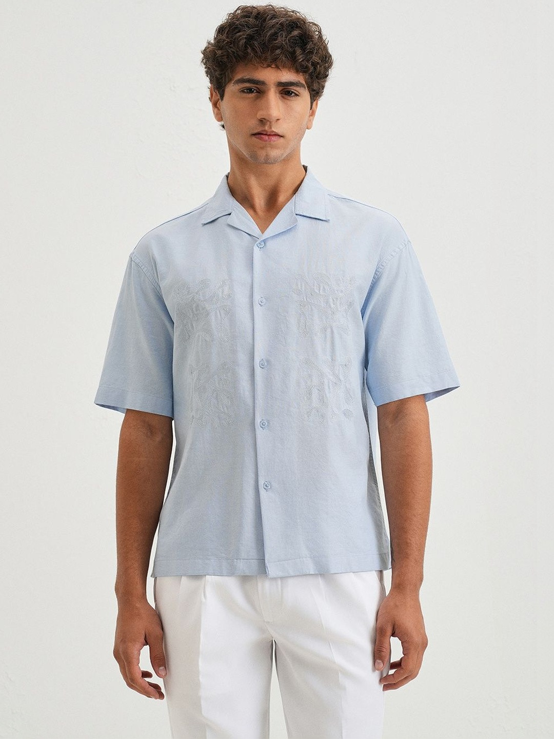 Banana Club Embroidery Cuban Abstract Cotton Short Sleeves Boxy Fit Shirt