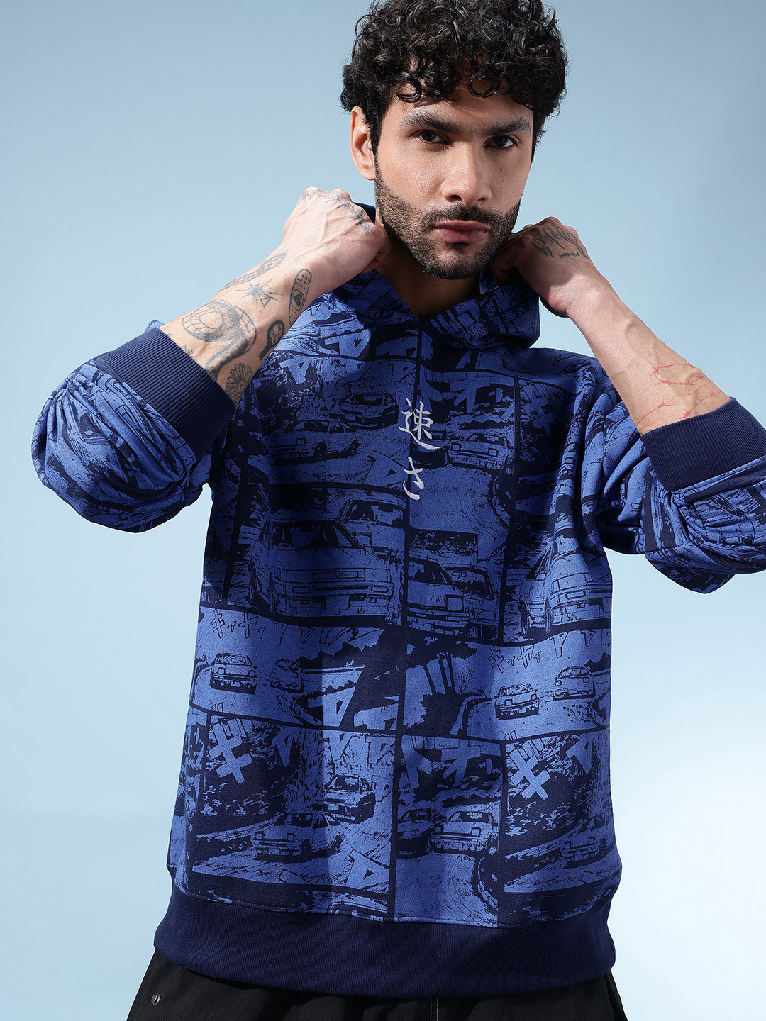 glitchez Graphic Printed Hooded Oversized Pullover