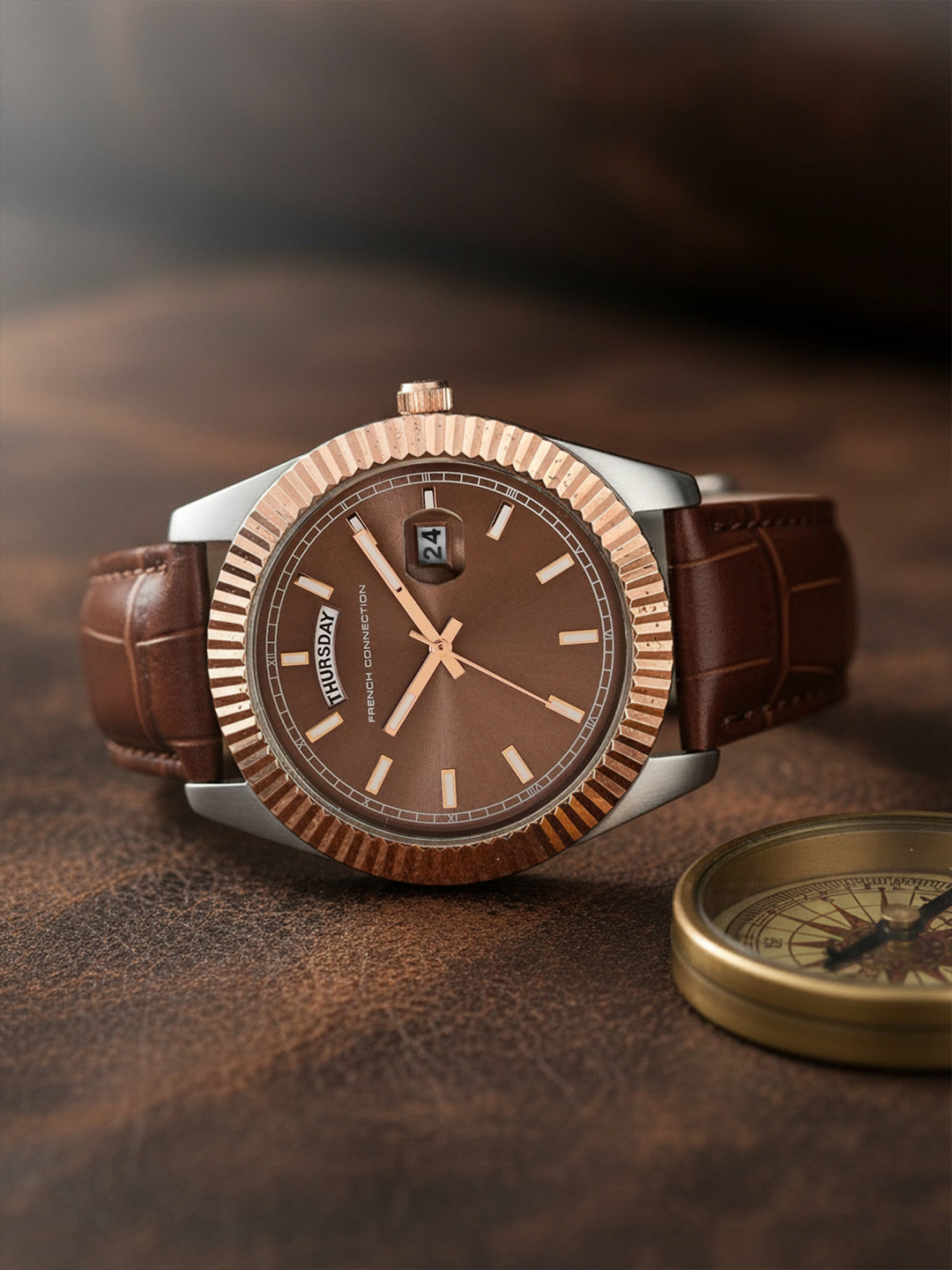French Connection Men Dial & Leather Straps Analogue Watch FCN0135BRL
