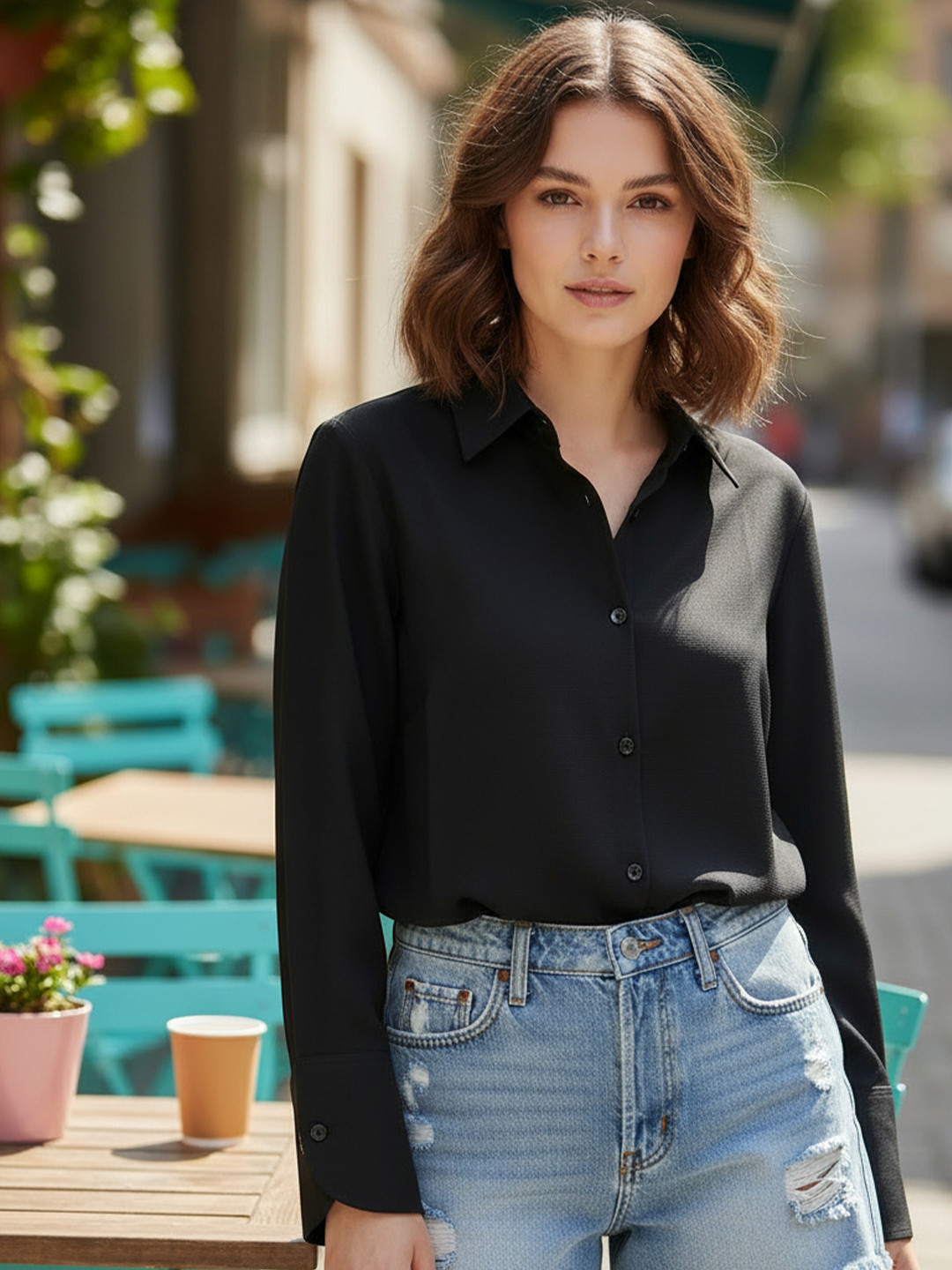 Roadster Women Black Solid Spread Collar Polyester Shirt