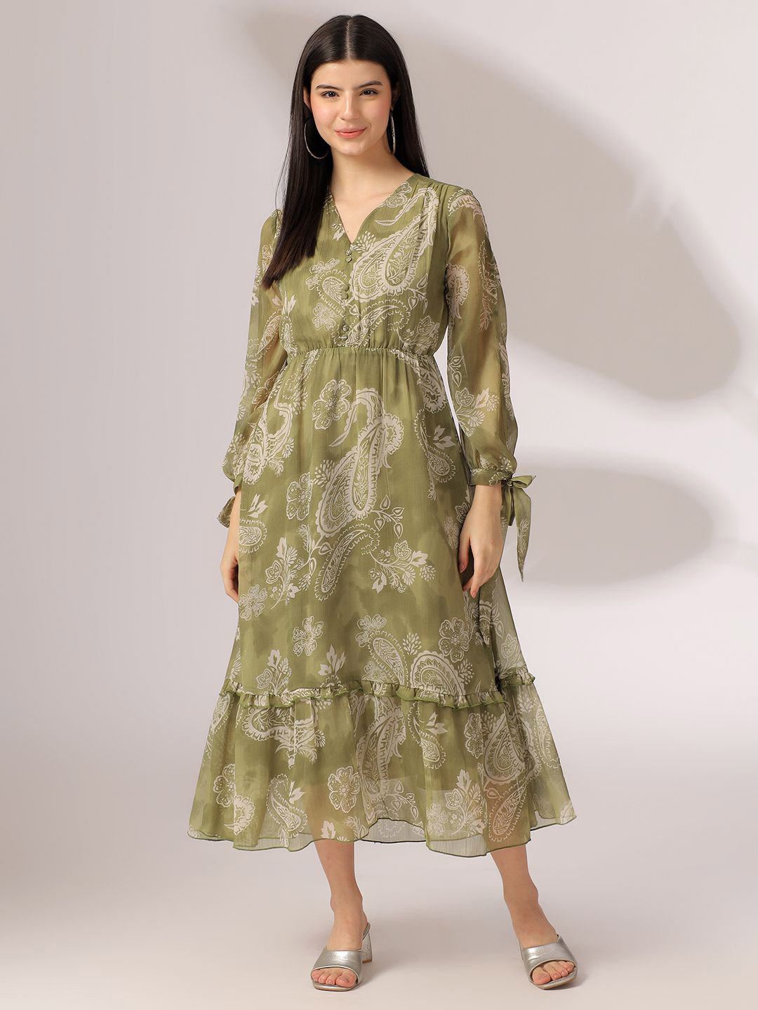 Justin Whyte Women Ethnic Motifs Print Puff Sleeve Chiffon Fit & Flare Midi Dress