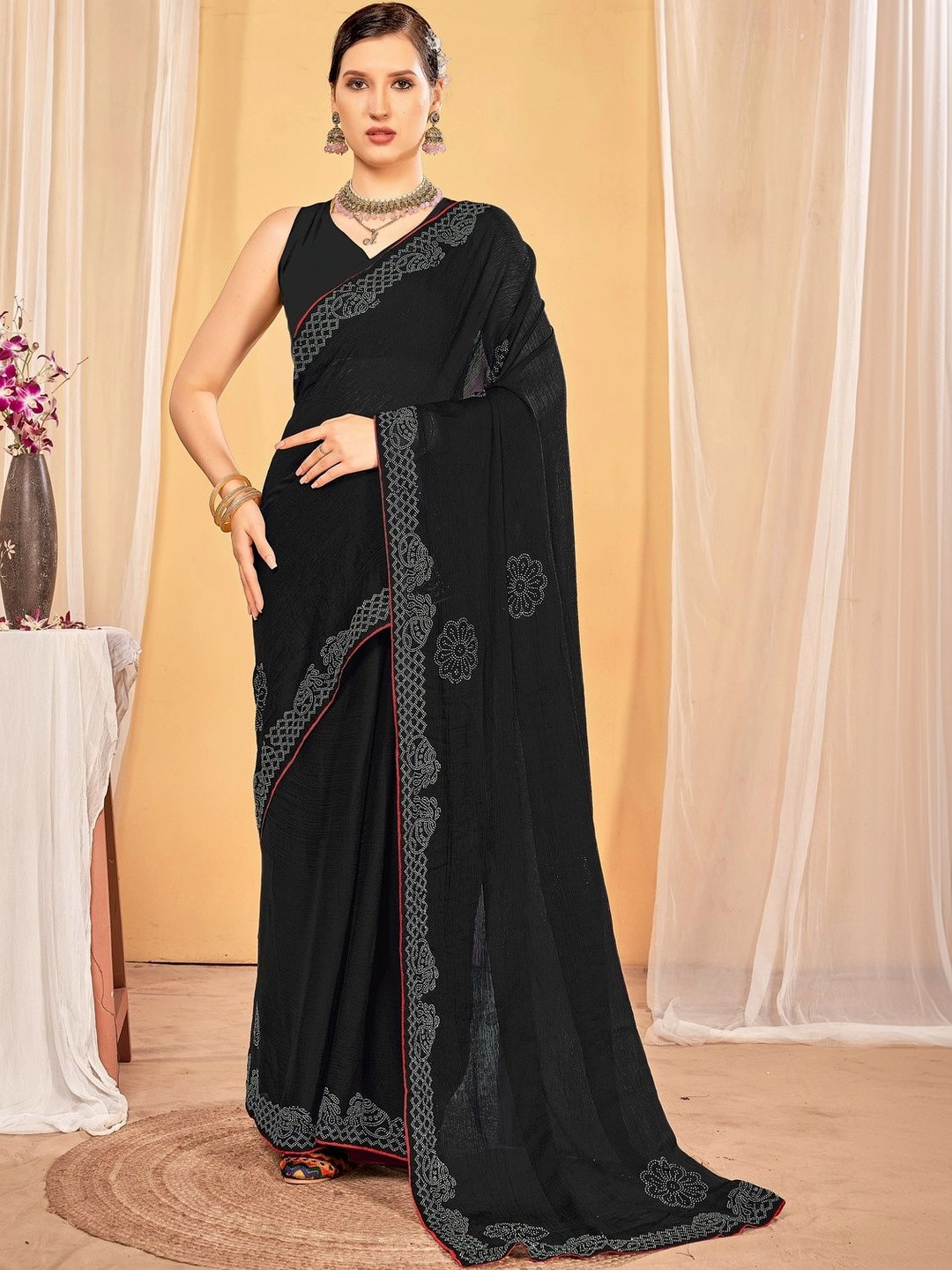 EMV Floral Sequinned Pure Chiffon Saree