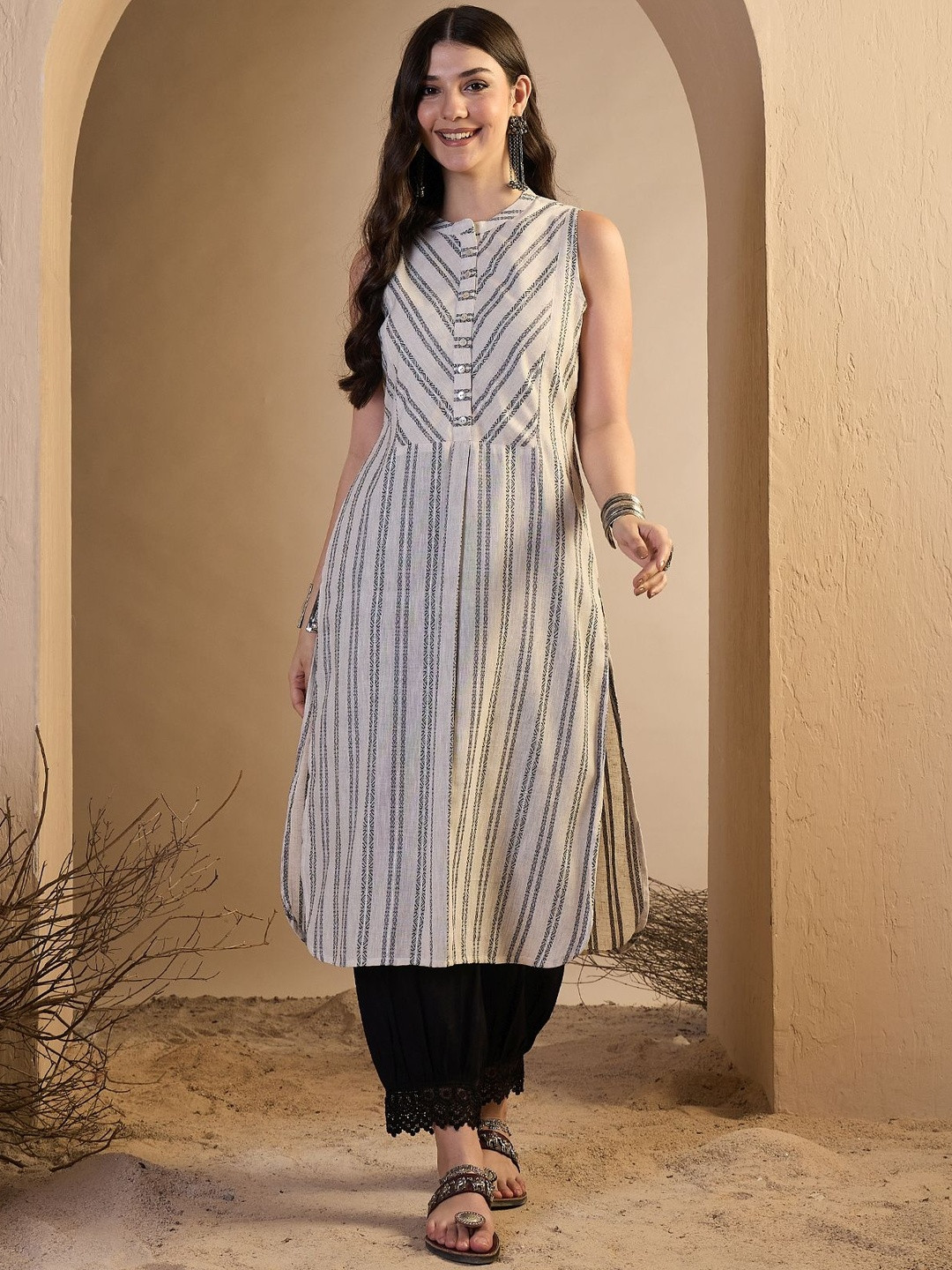 Inddus Women Striped Woven Design Button Detailed Kurta