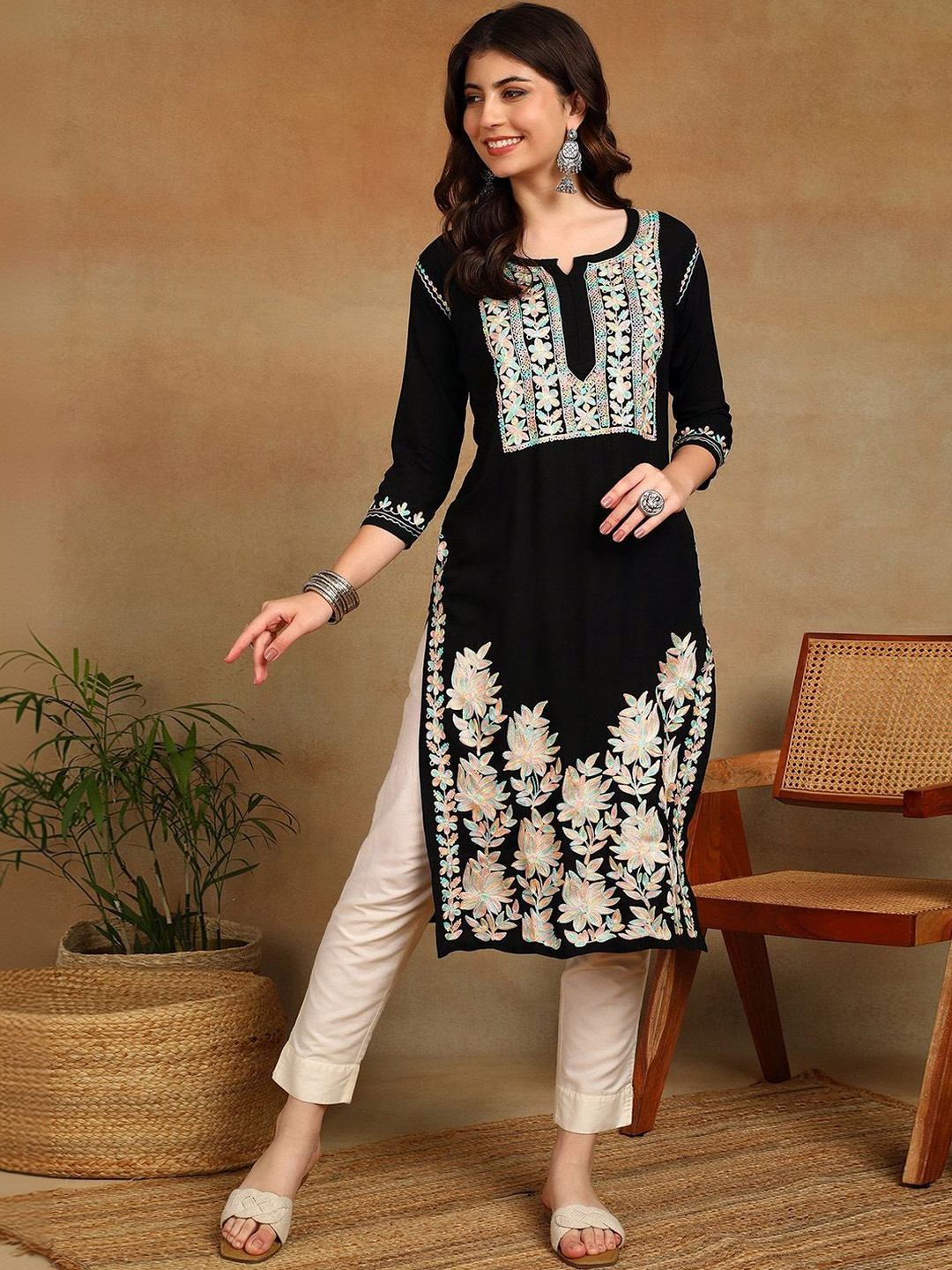 TOP N THREAD Women Floral Embroidered Aari Work Liva Long Kurta