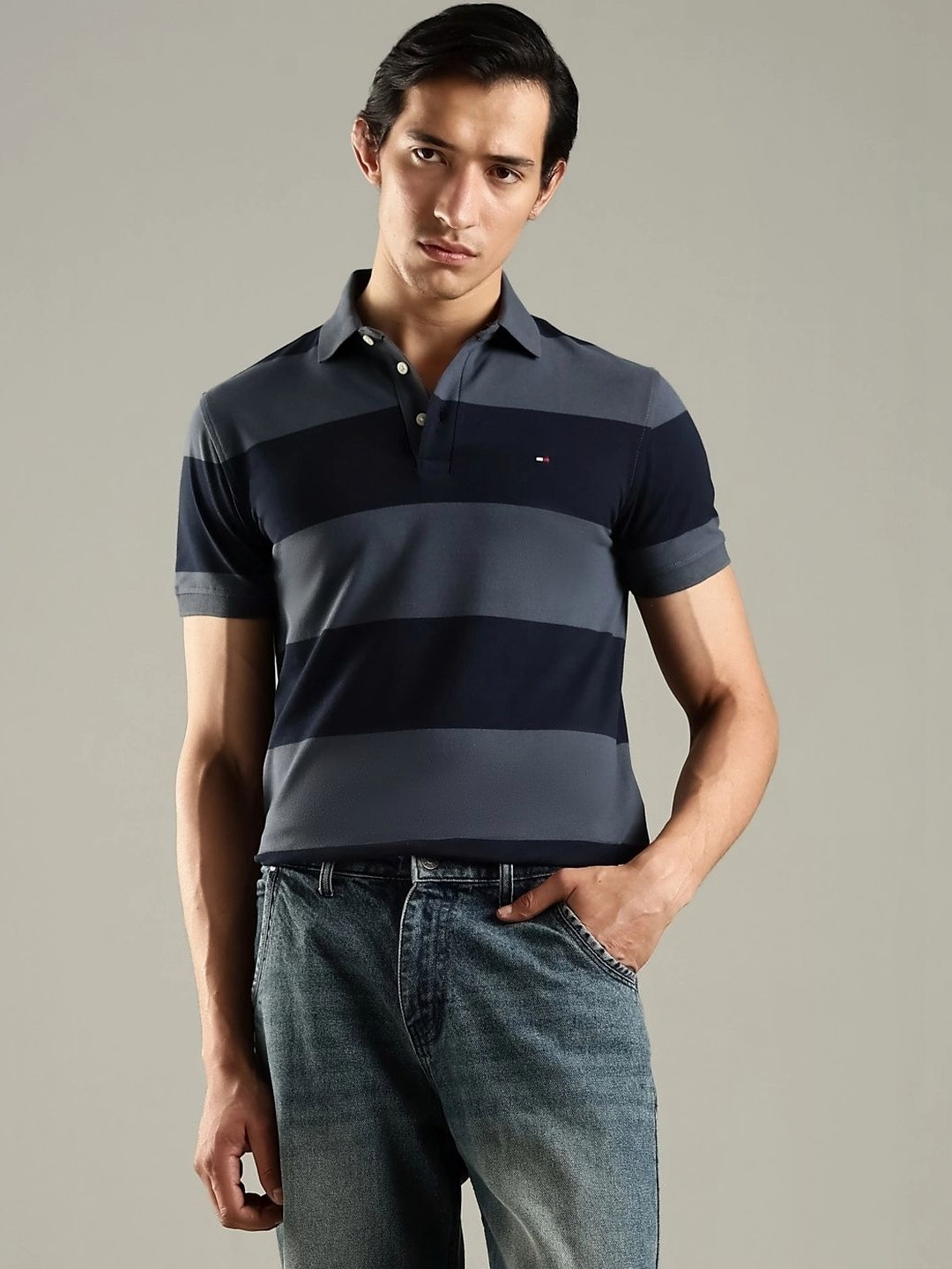 Tommy Hilfiger Men Striped Polo Collar Slim Fit T-shirt