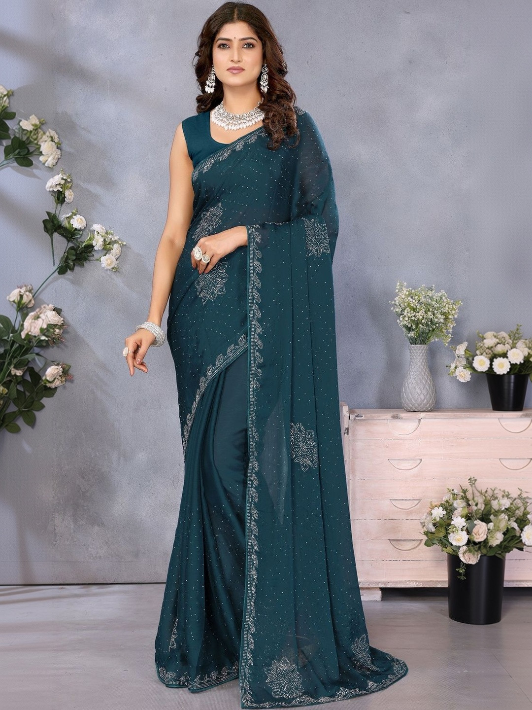 EMV Embellished Sequinned Pure Chiffon Designer Saree