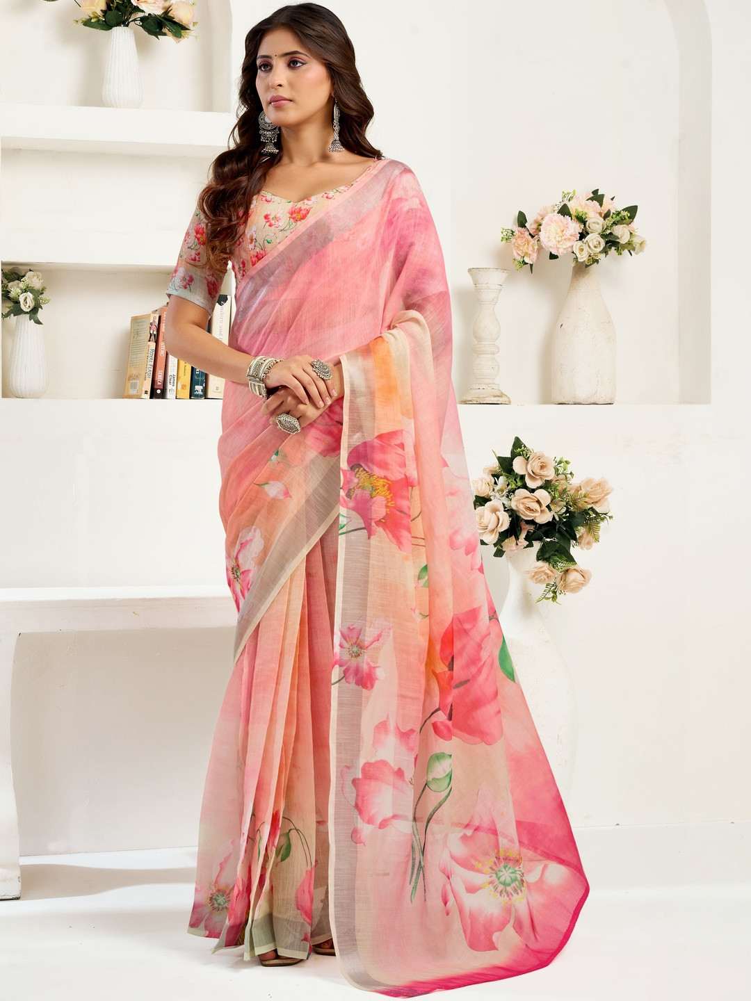 Elora Peach Linen Floral Printed Ready To Wear Saree