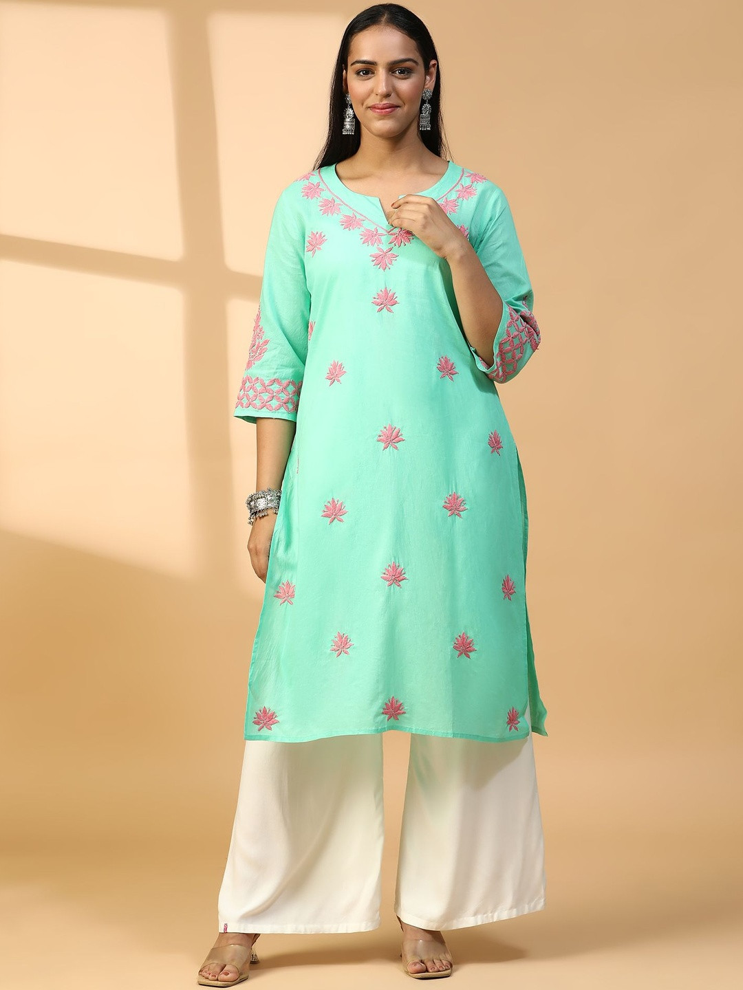 SEMAL HANDICRAFTS Hand Embroidered Seagreen Lucknowi Chikankari Cotton Straight Kurta