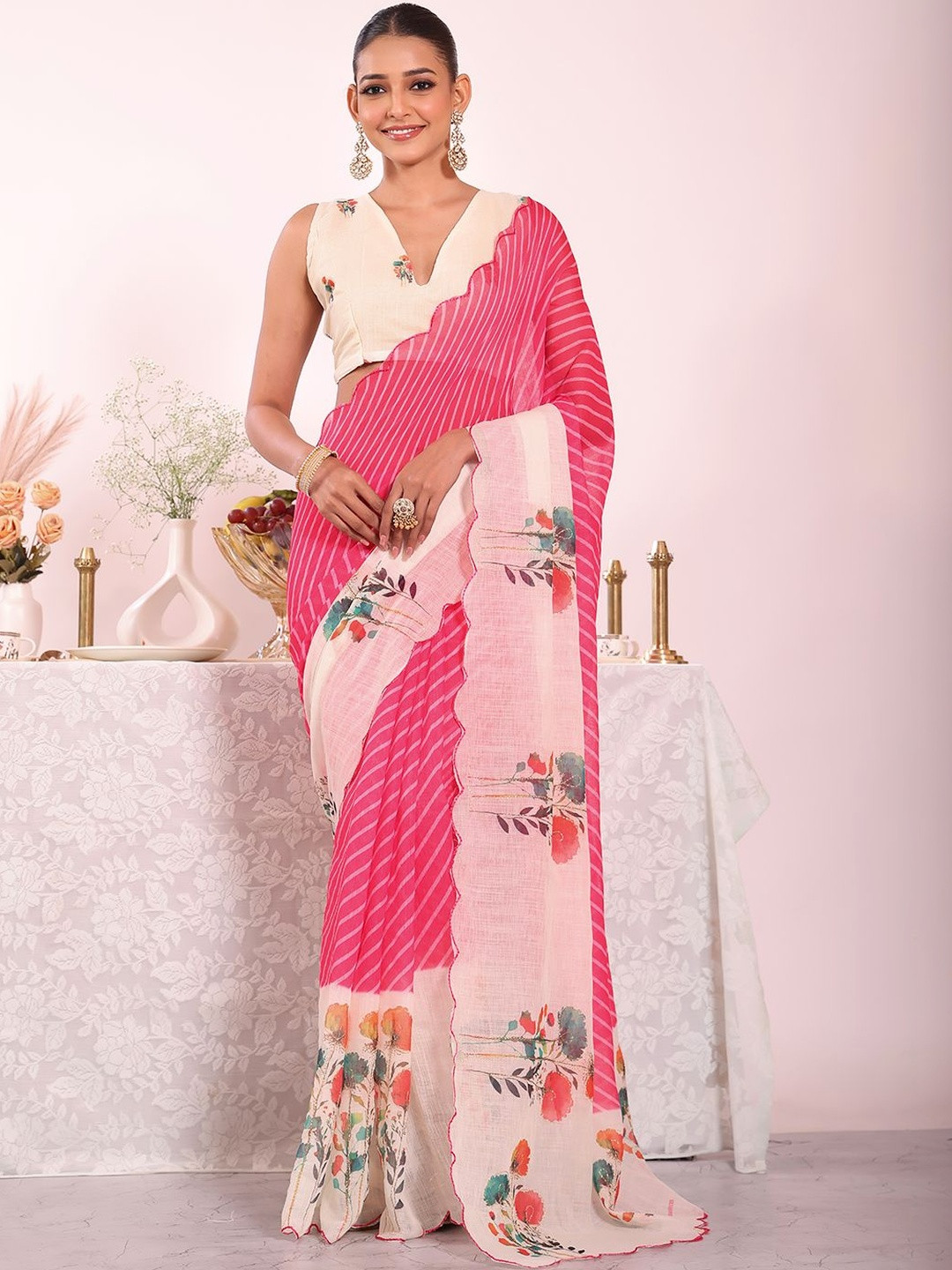 Mitera Floral Pure Georgette Leheriya Saree