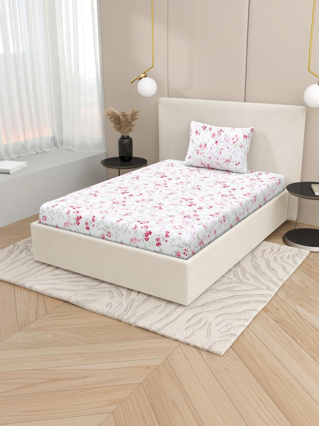 Jaipur Weaves Pink Pure Cotton 240 TC Single Bedsheet With 1 Pillow Cover-60x90 inches