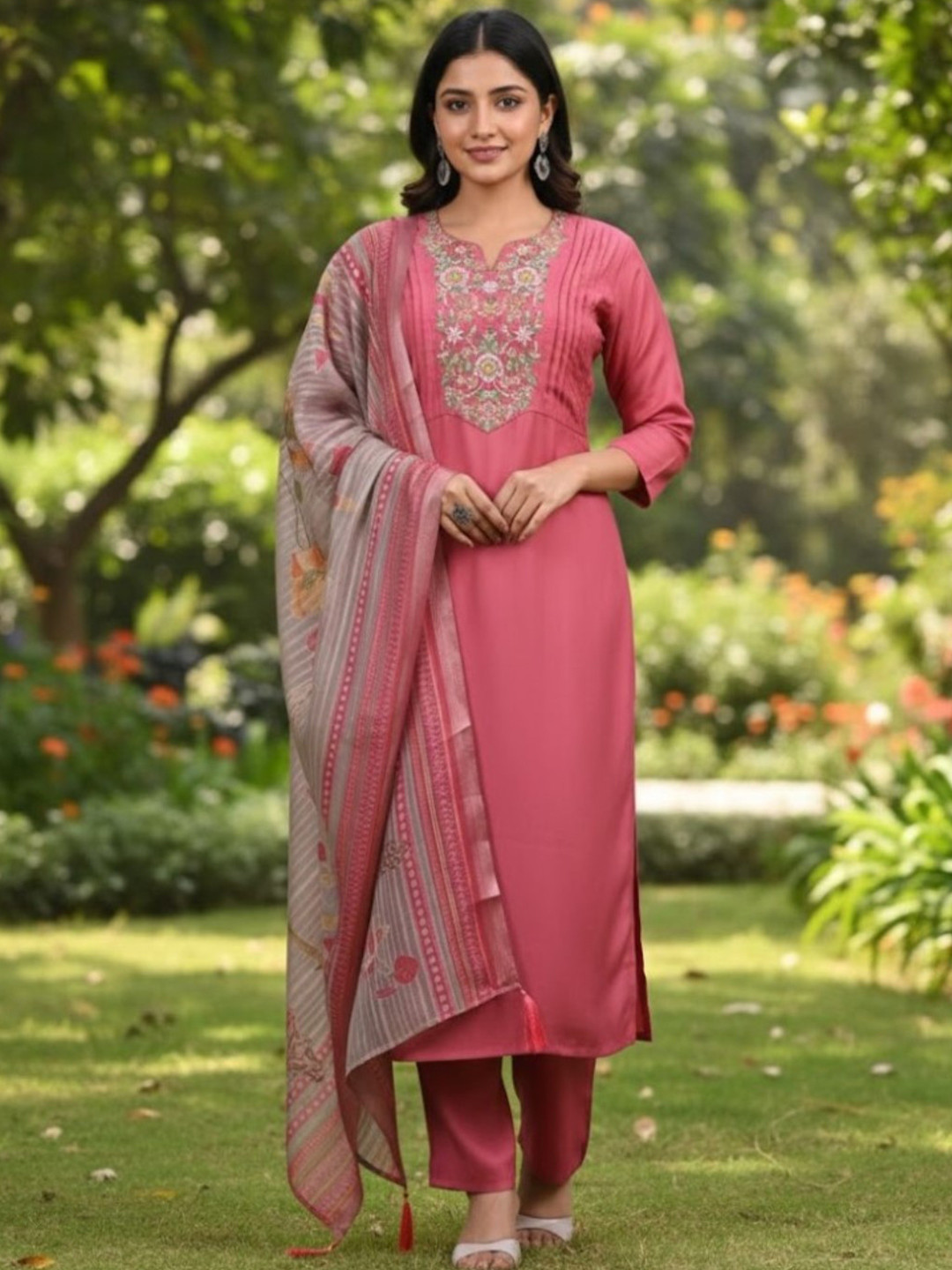 GULMEHAK Women Floral Embroidered Kurta with Trousers & Dupatta