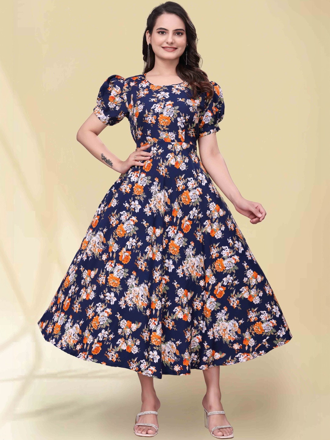 QENA Floral Print Puff Sleeve Applique Georgette Fit & Flare Midi Dress