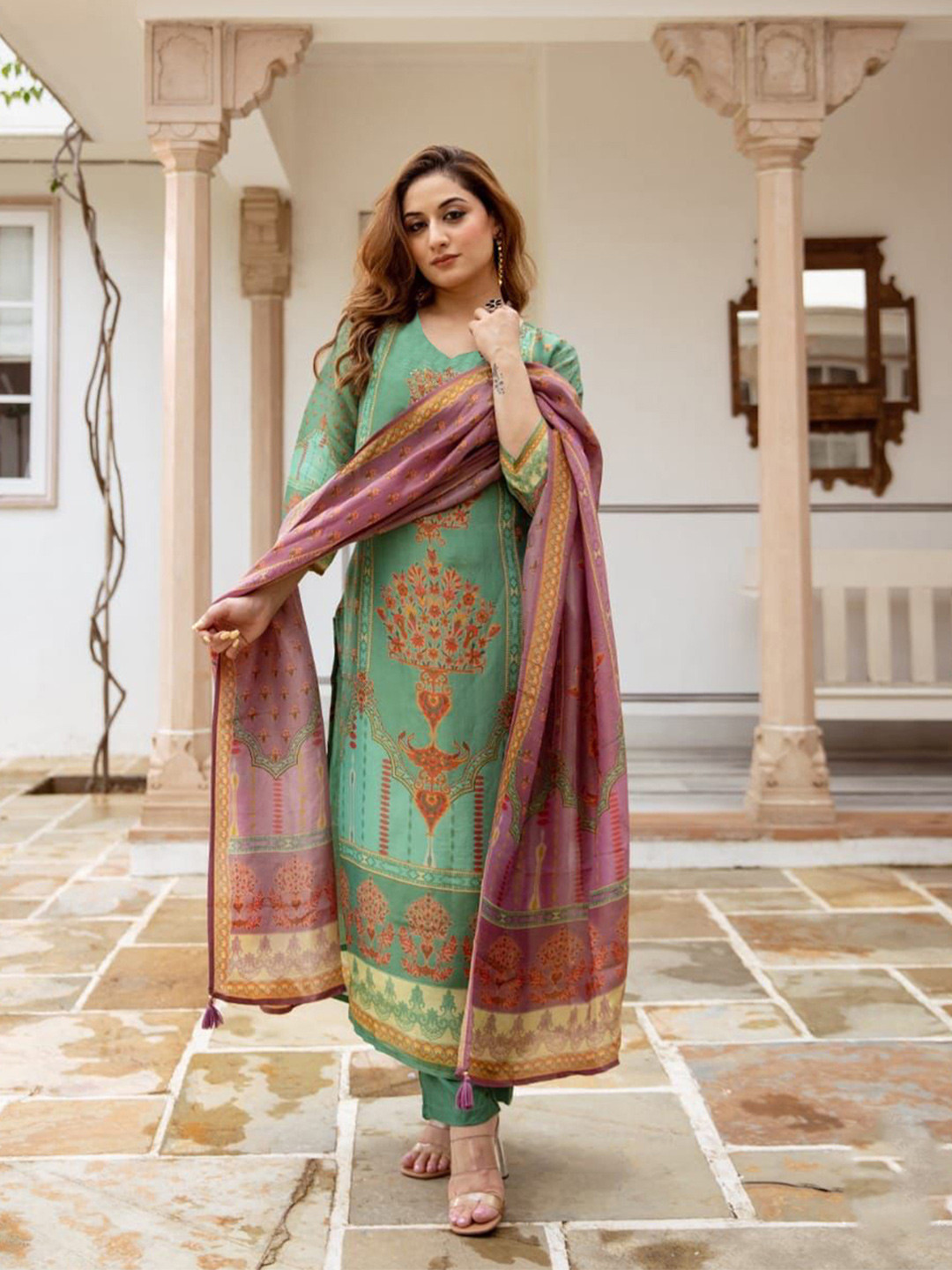 KALINI Floral Printed Straight Kurta With Trousers And Dupatta