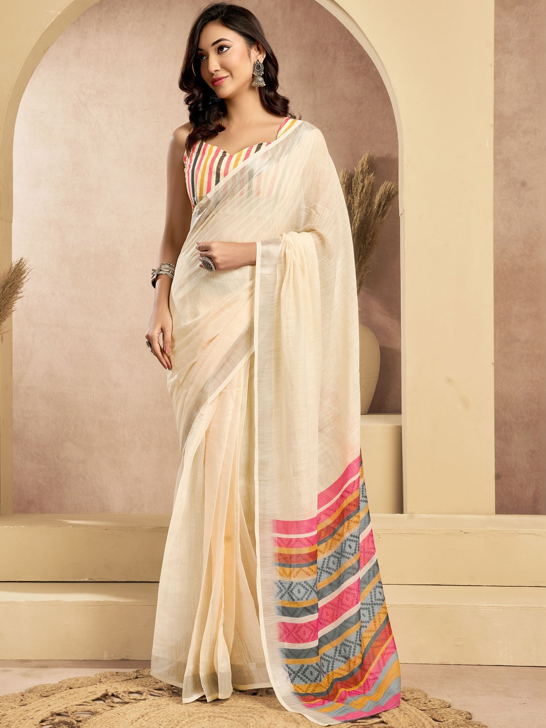 Elora Cream Linen Self Weaved Printed Ready to Wear Saree With Pocket