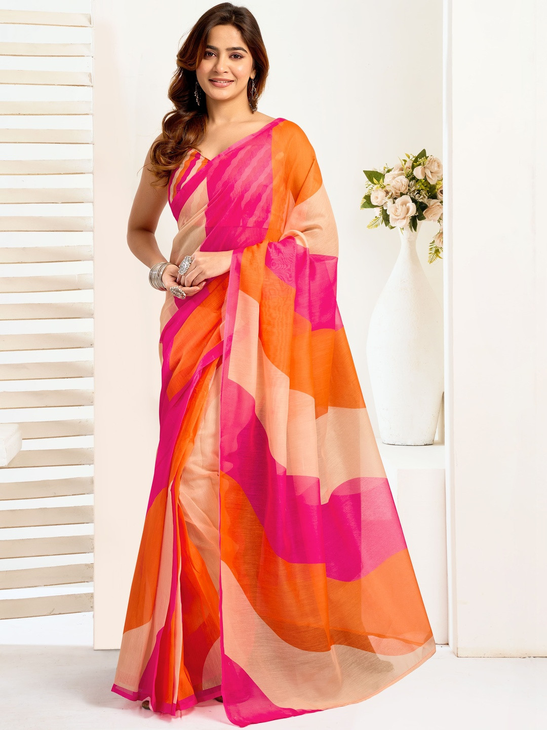 Elora Linen Color Blocked Printed Ready To Wear Saree