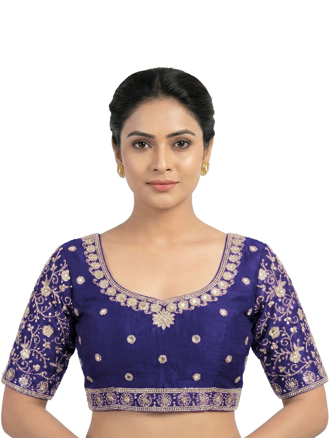 PU FASHION Embroidered Round Neck Short Sleeves Saree Blouse