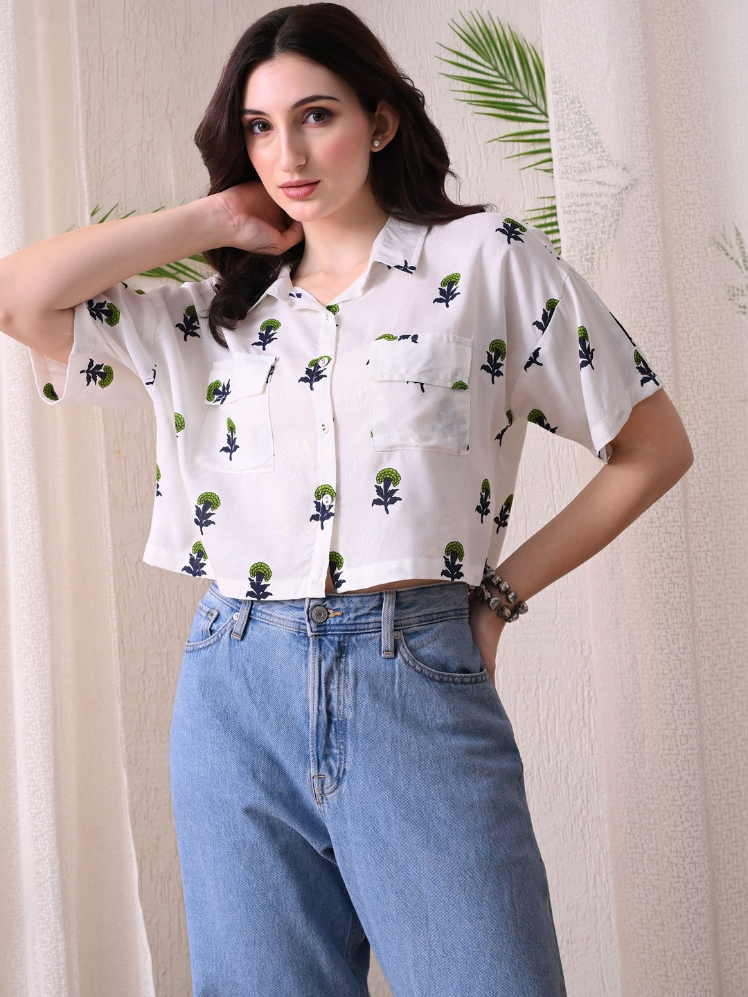 ao services Floral Print Ethnic Cotton Shirt Style Crop Top