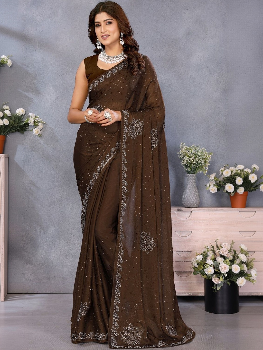 EMV Embellished Sequinned Pure Georgette Heavy Work Saree