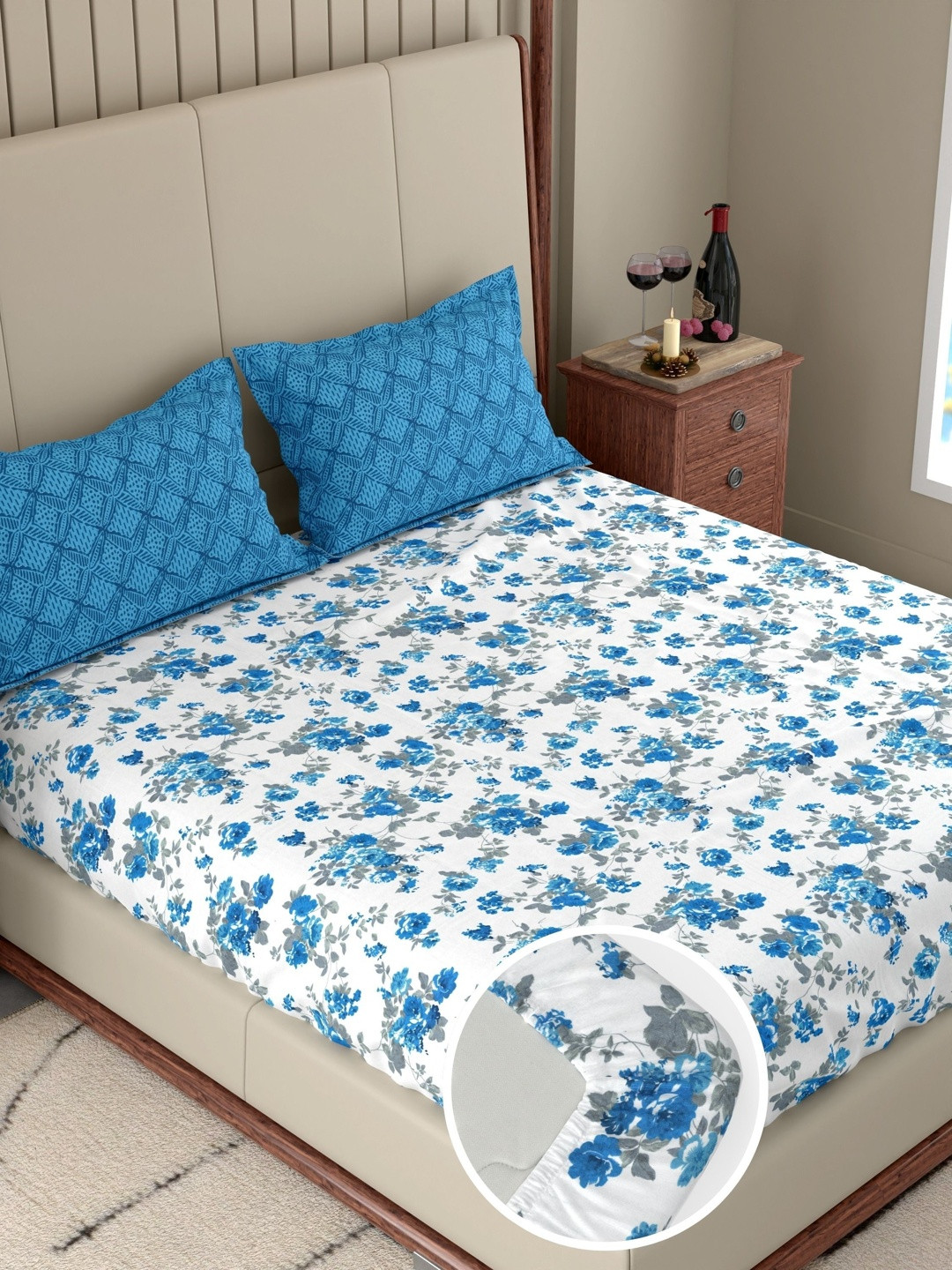 Pure Decor White Floral 180 TC Cotton Elastic Fitted Double Bedsheet & 2 Pillow Covers
