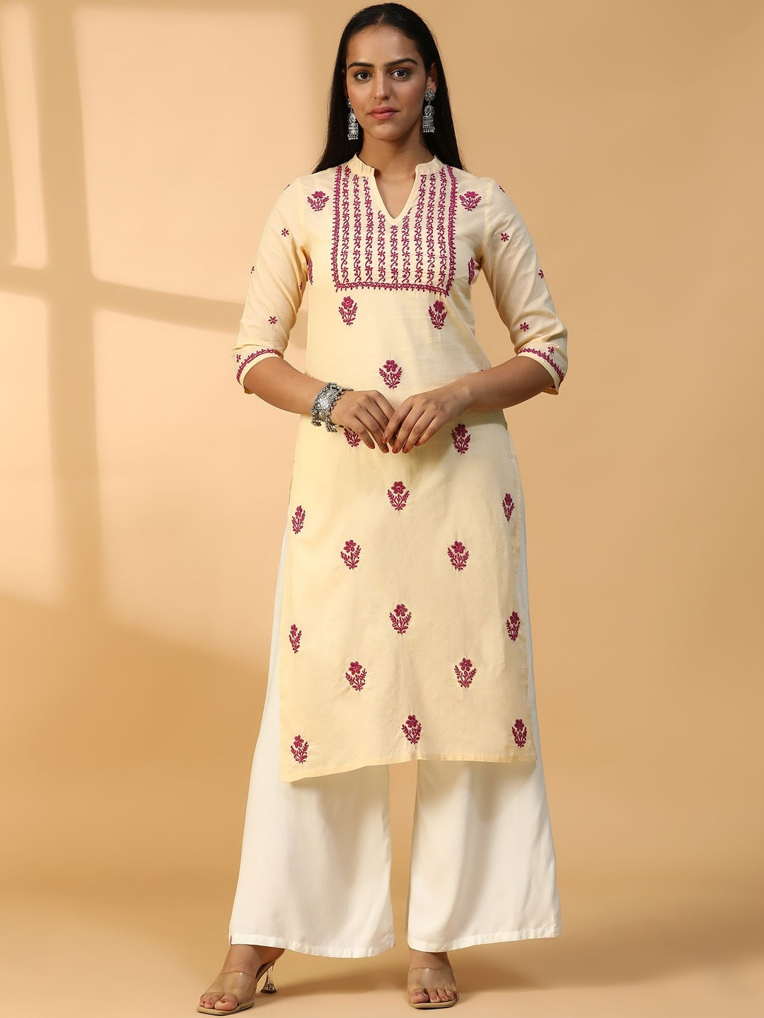 SEMAL HANDICRAFTS Hand Embroidered Beige Lucknowi Chikankari Cotton Straight Kurta