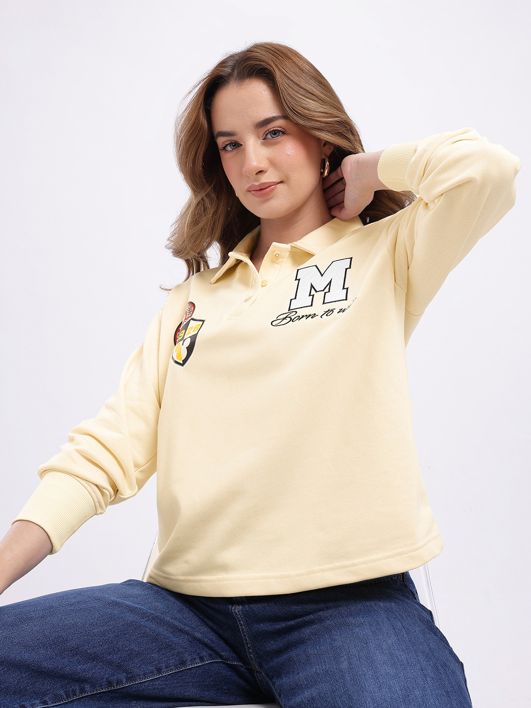 glitchez x Disney Printed Shirt Collar Oversized Sweatshirt with Inner Terry