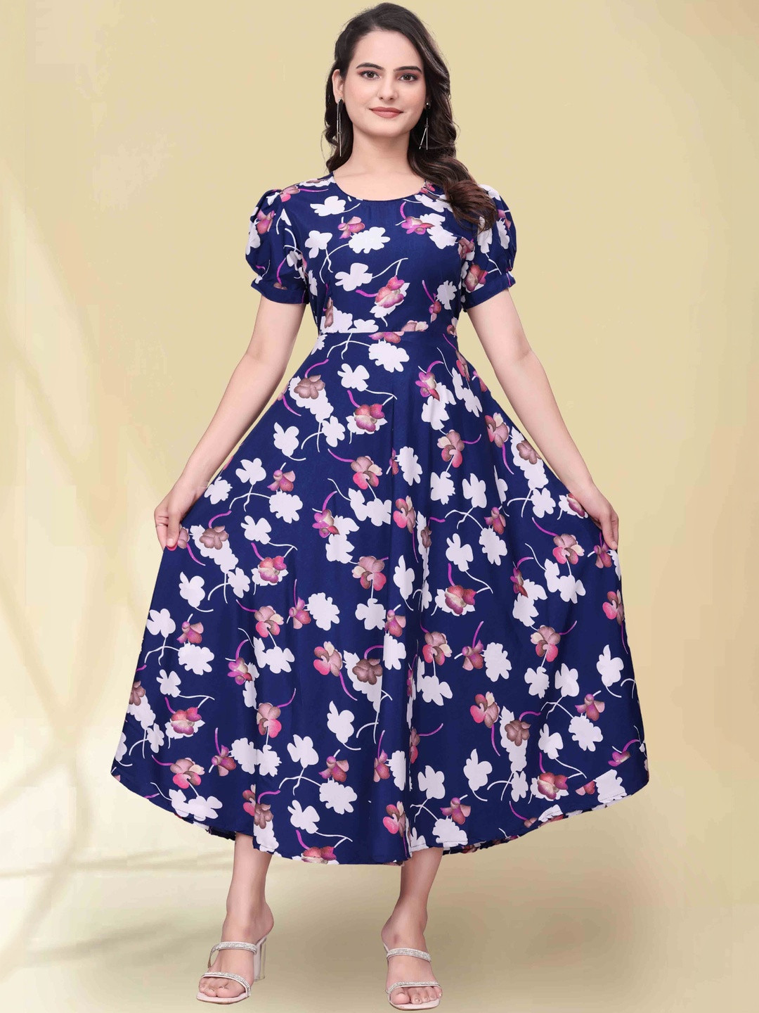 QENA Floral Print Puff Sleeve Georgette Fit & Flare Midi Dress