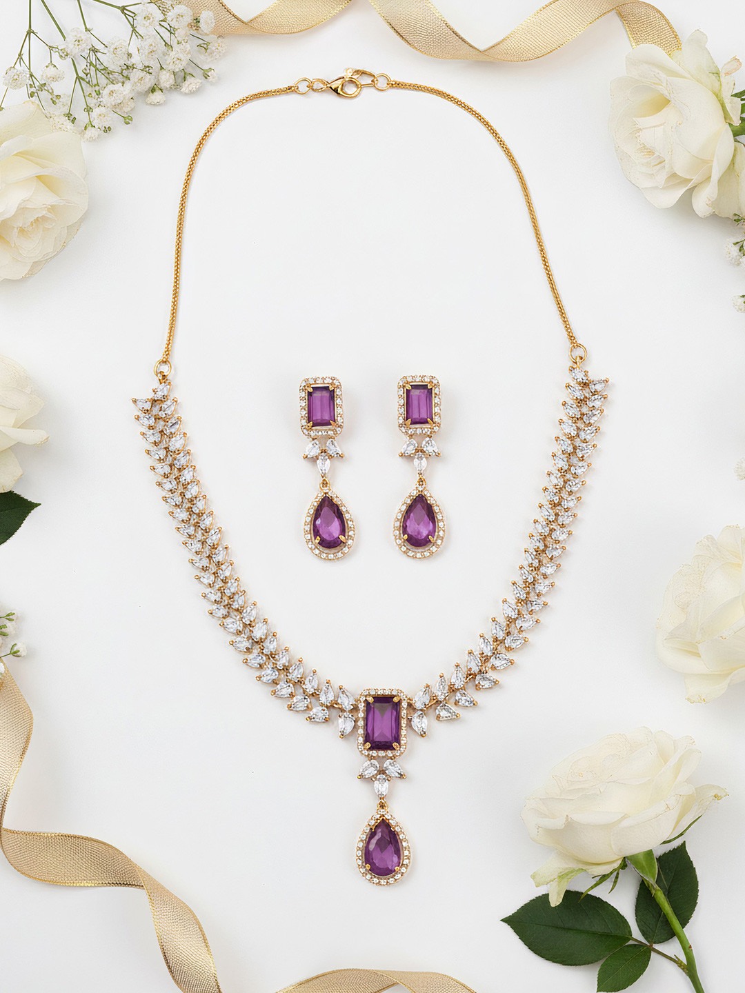 BlingNation American Diamond Stone Studded Teardrop Shaped Jewellery Set