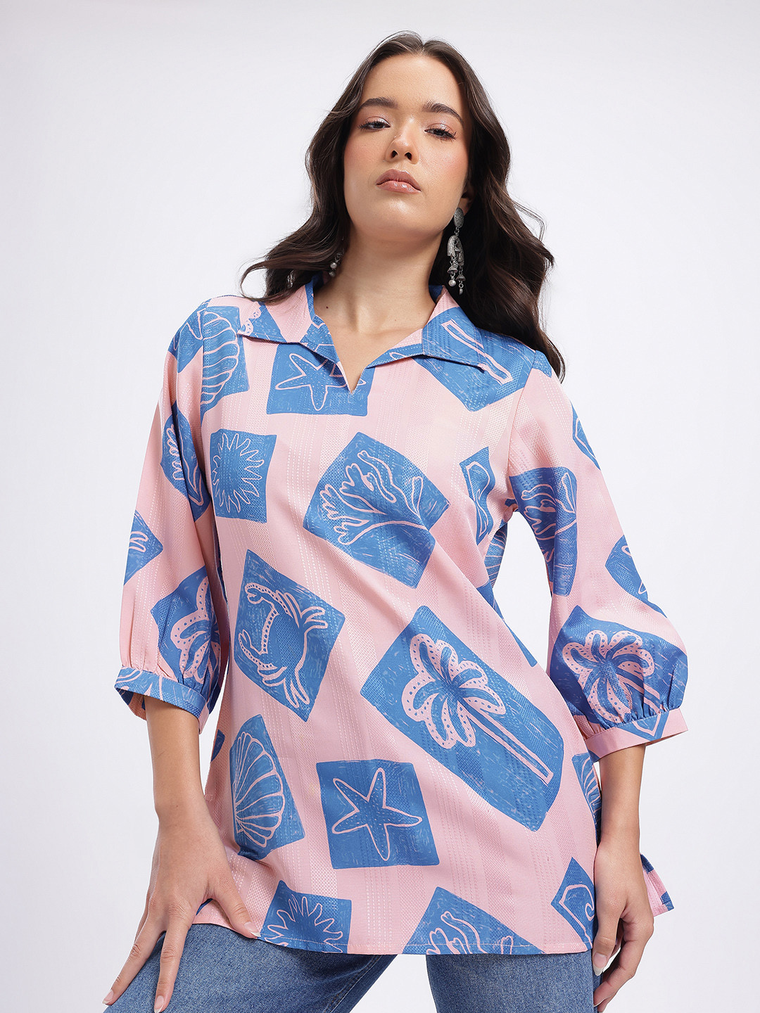 Anouk Rustic Floral Print Puff Sleeves Self-Striped Kurti Top
