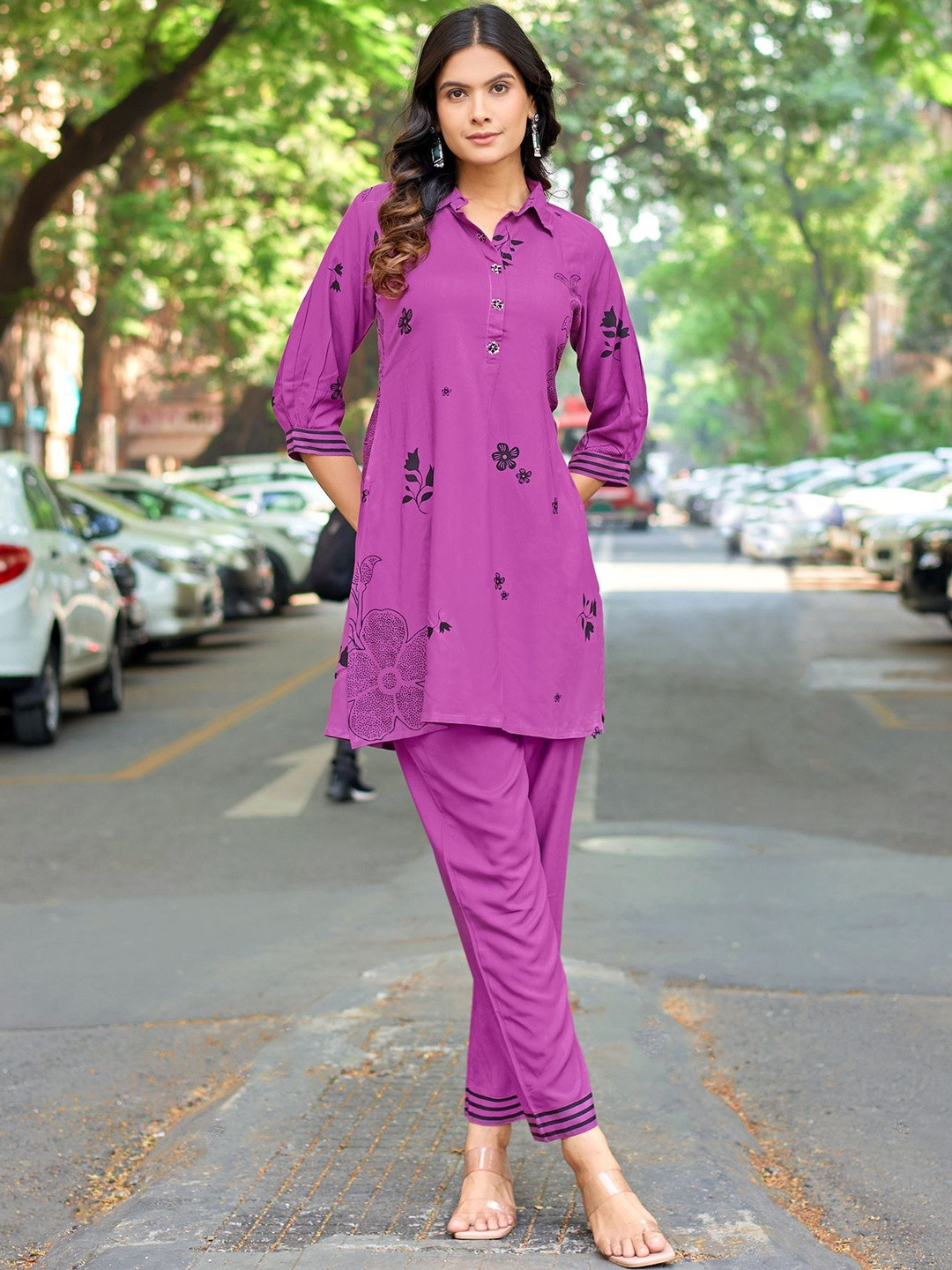 MITTOO Printed Shirt Collar Tunic & Trousers Co-Ords