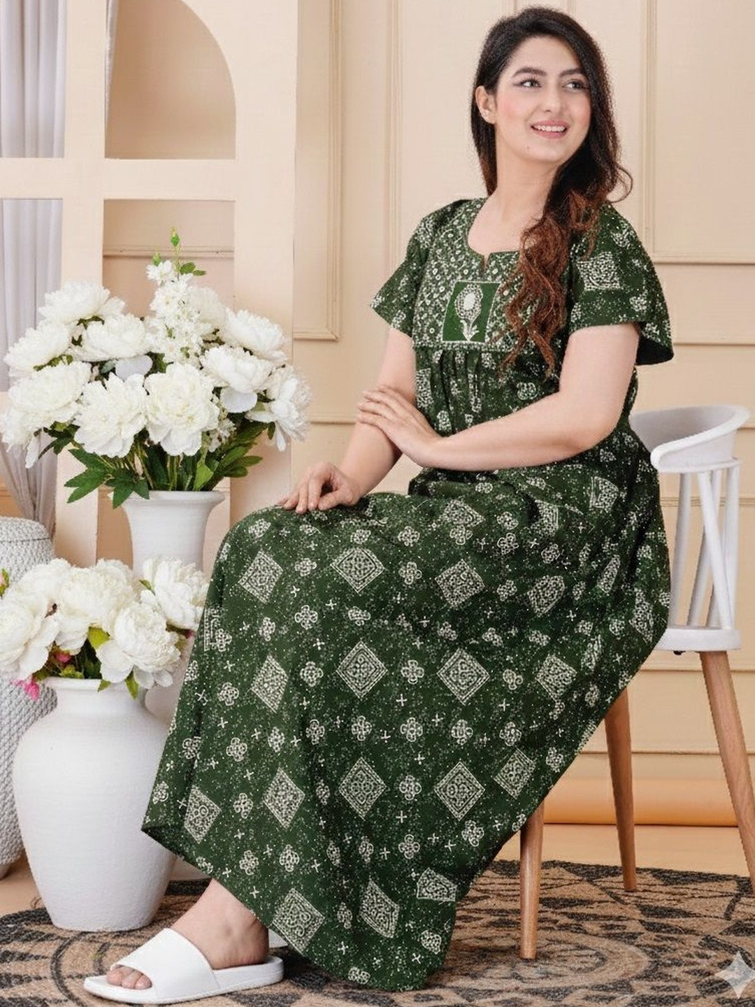 Serenita Women Pure Cotton Printed Maxi Nightdress