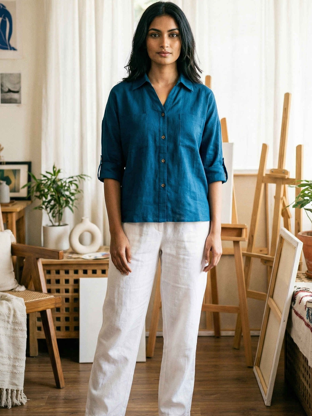 dhaaga Roll-Up Sleeves Linen Top