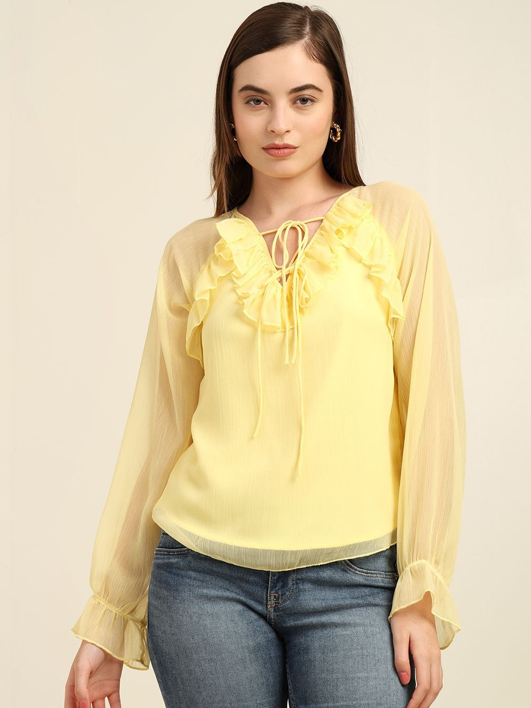 7OUNCE Tie-Up Neck Ruffles Chiffon Top