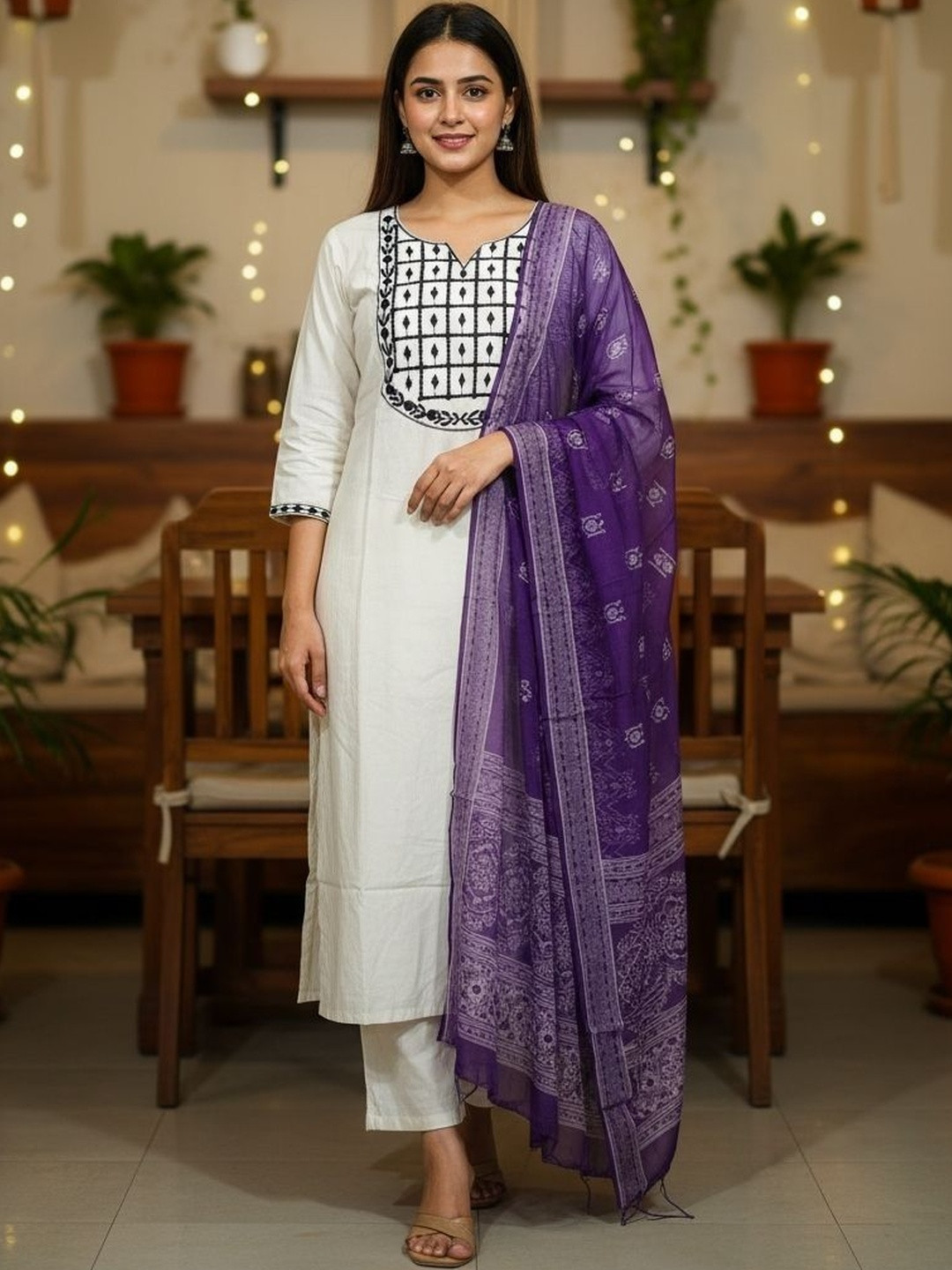 HERE&NOW Women Ethnic Motifs Embroidered Regular Thread Work Pure Cotton Kurta with Trousers & With Dupatta