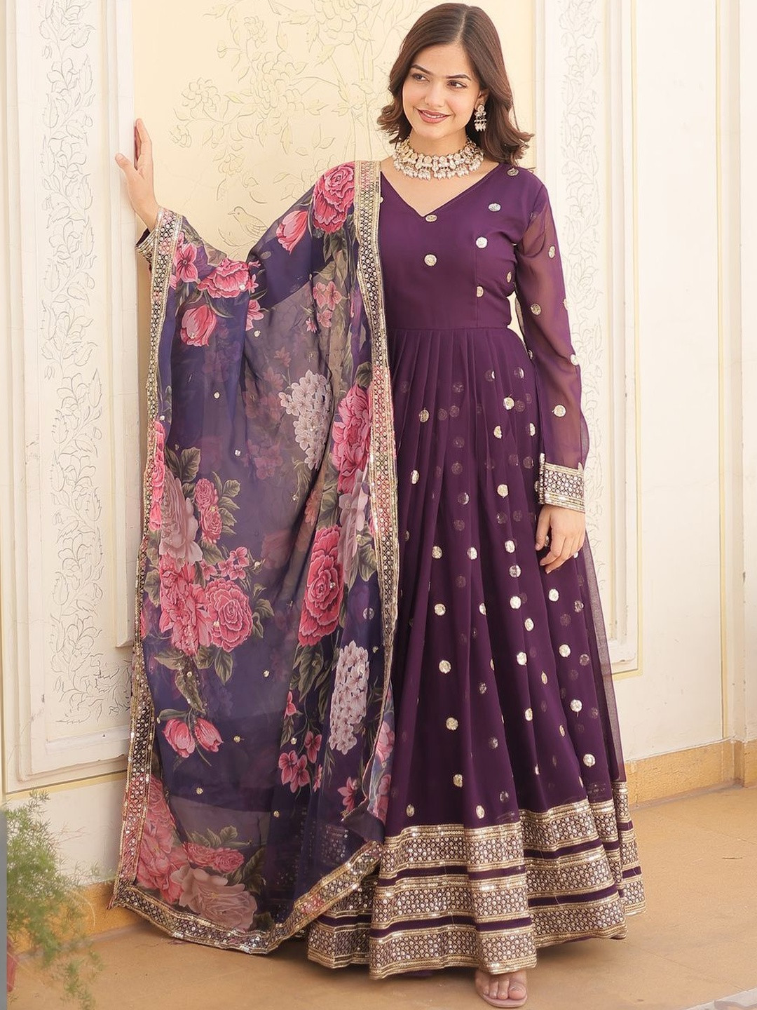 KALINI Women Floral Printed Panelled Gotta Patti Kurta with Pyjamas & With Dupatta