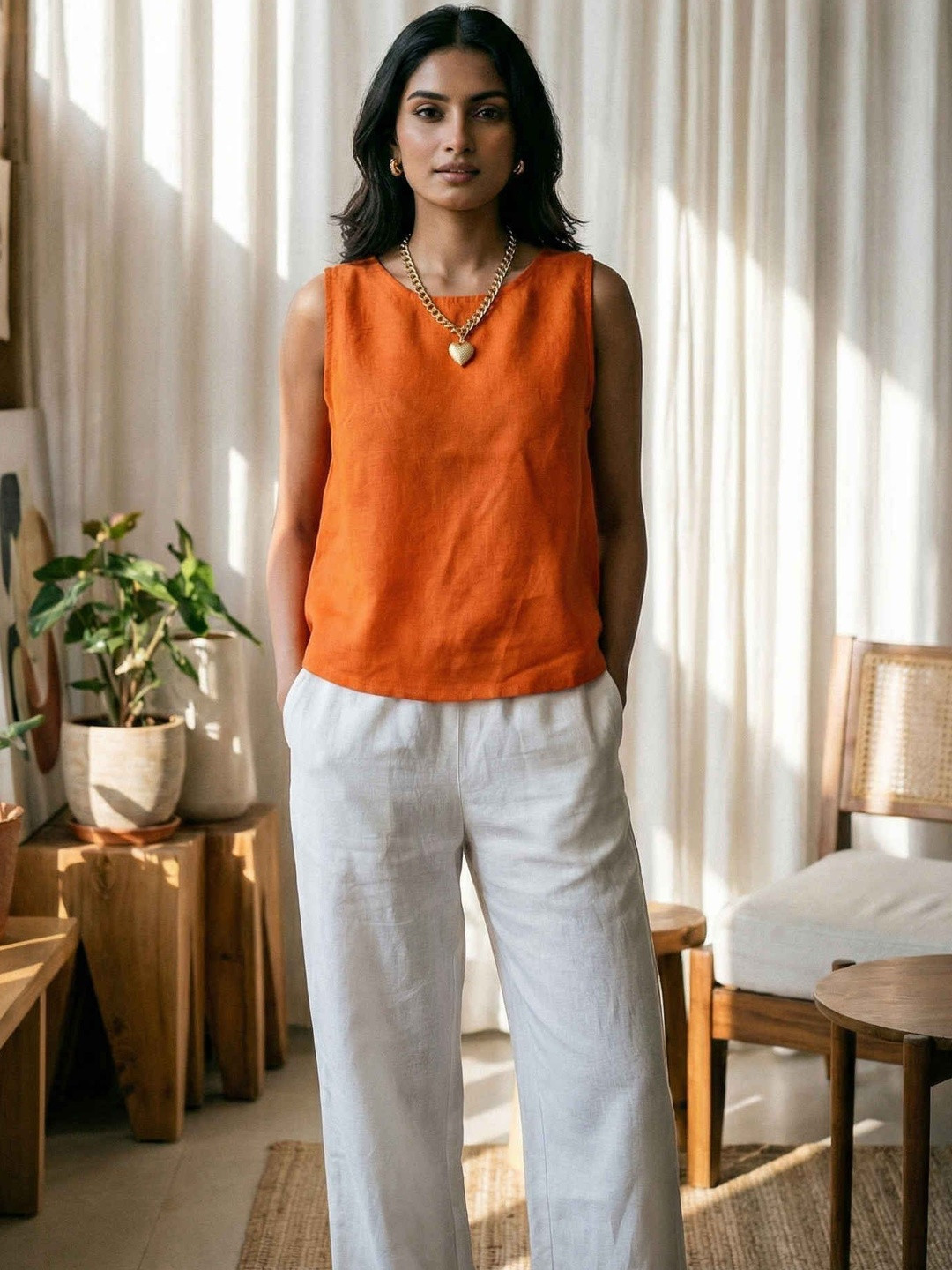 dhaaga Women Pure Linen Solid Top