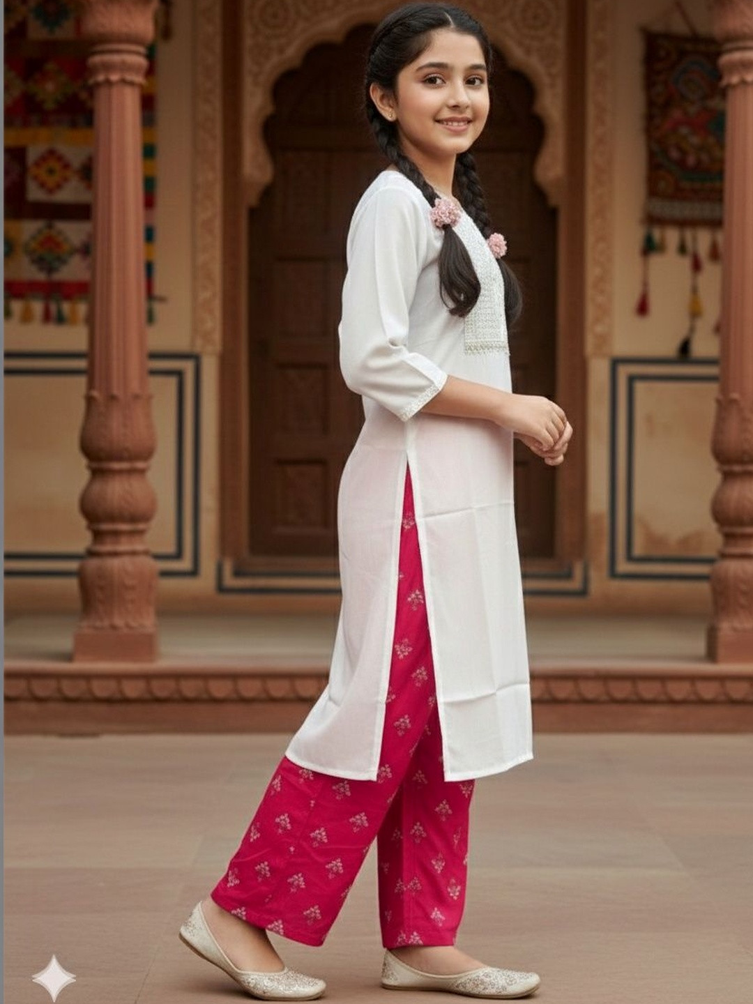 Sangria Girls Embroidered Cotton Round Neck Calf Length Kurtas