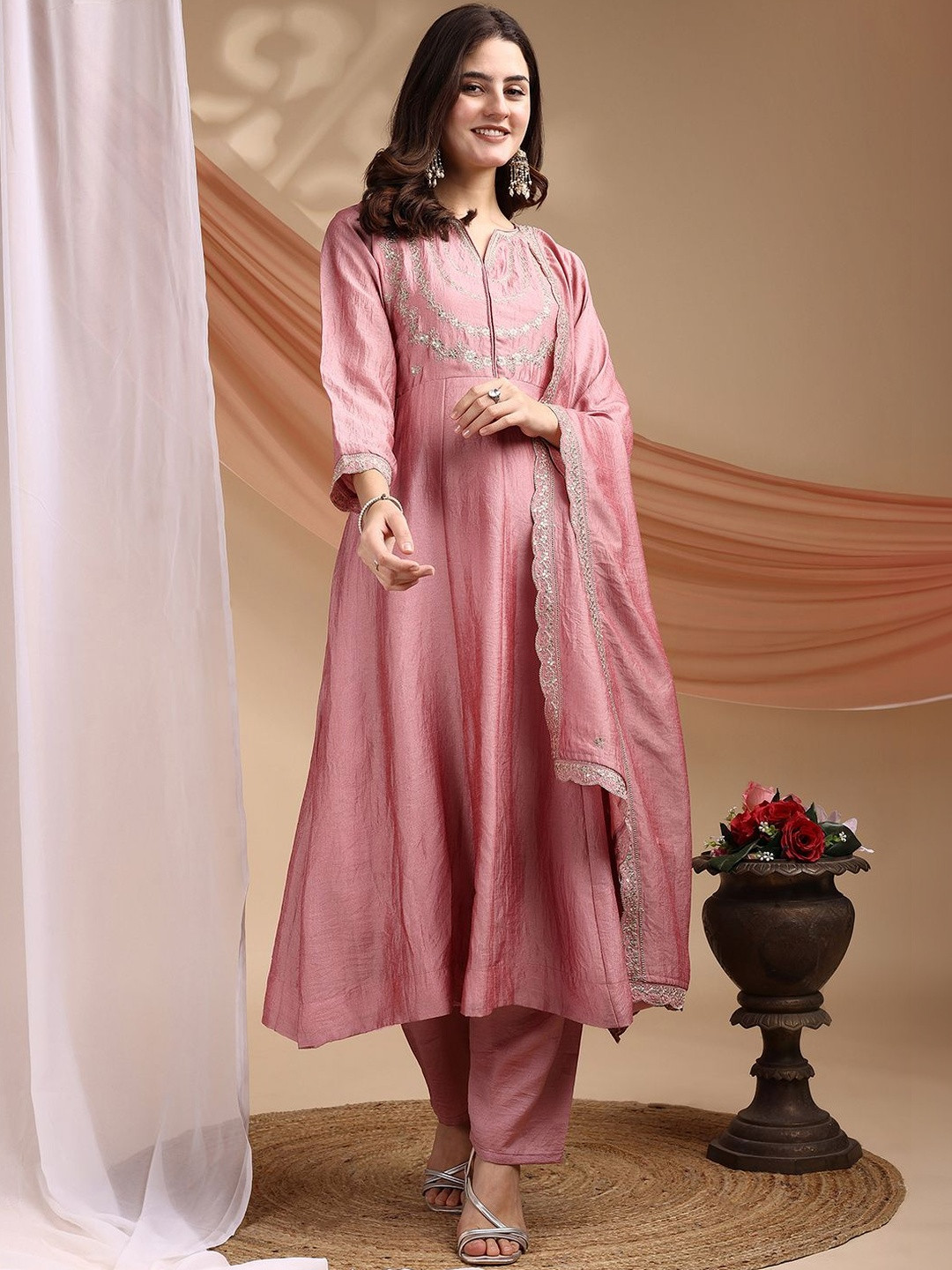 Omicron Fab Women Ethnic Motifs Embroidered Panelled Thread Work Kurta with Trousers & With Dupatta