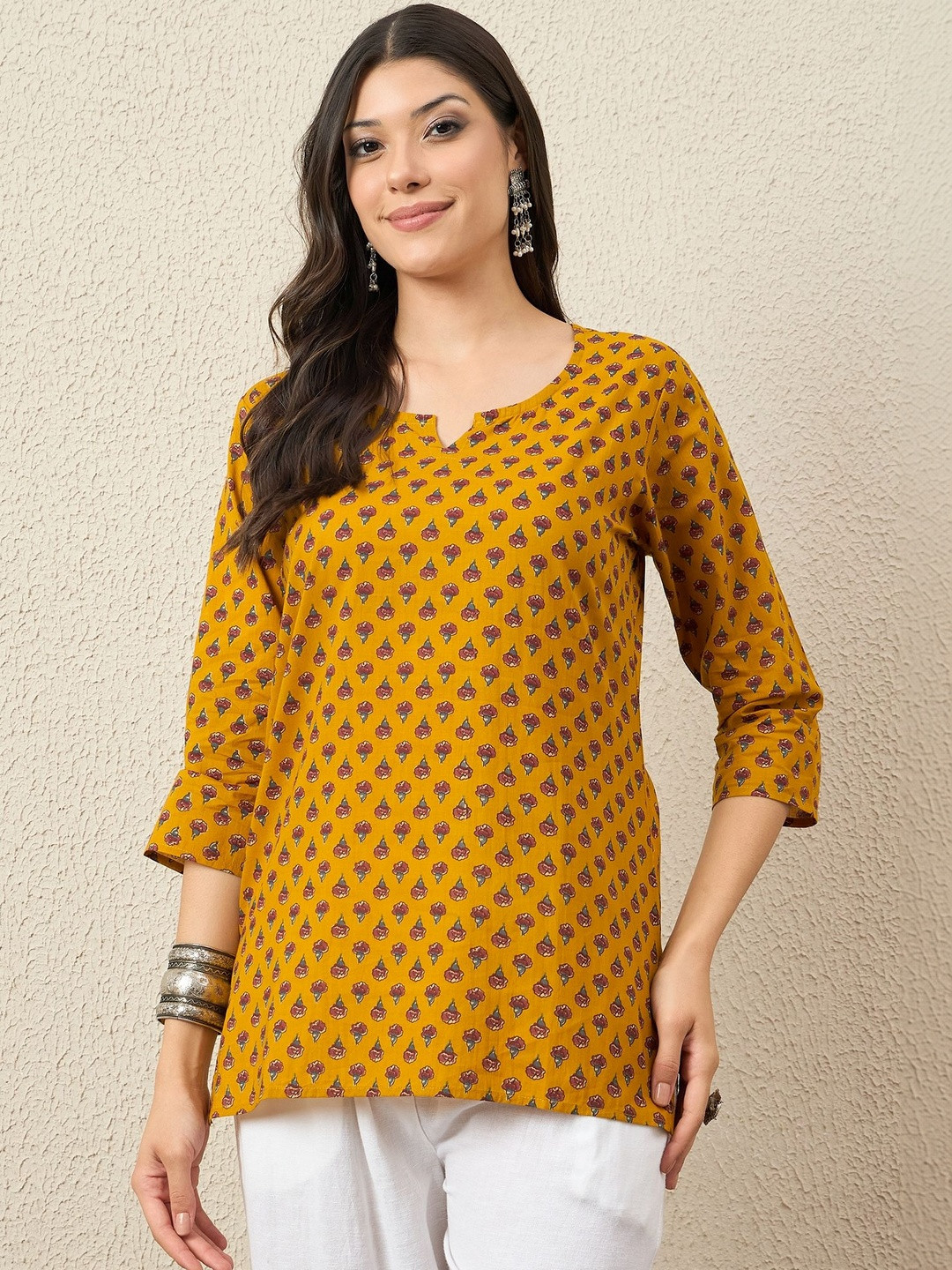 VANSIRI Print Keyhole Neck Ethnic Cotton Top