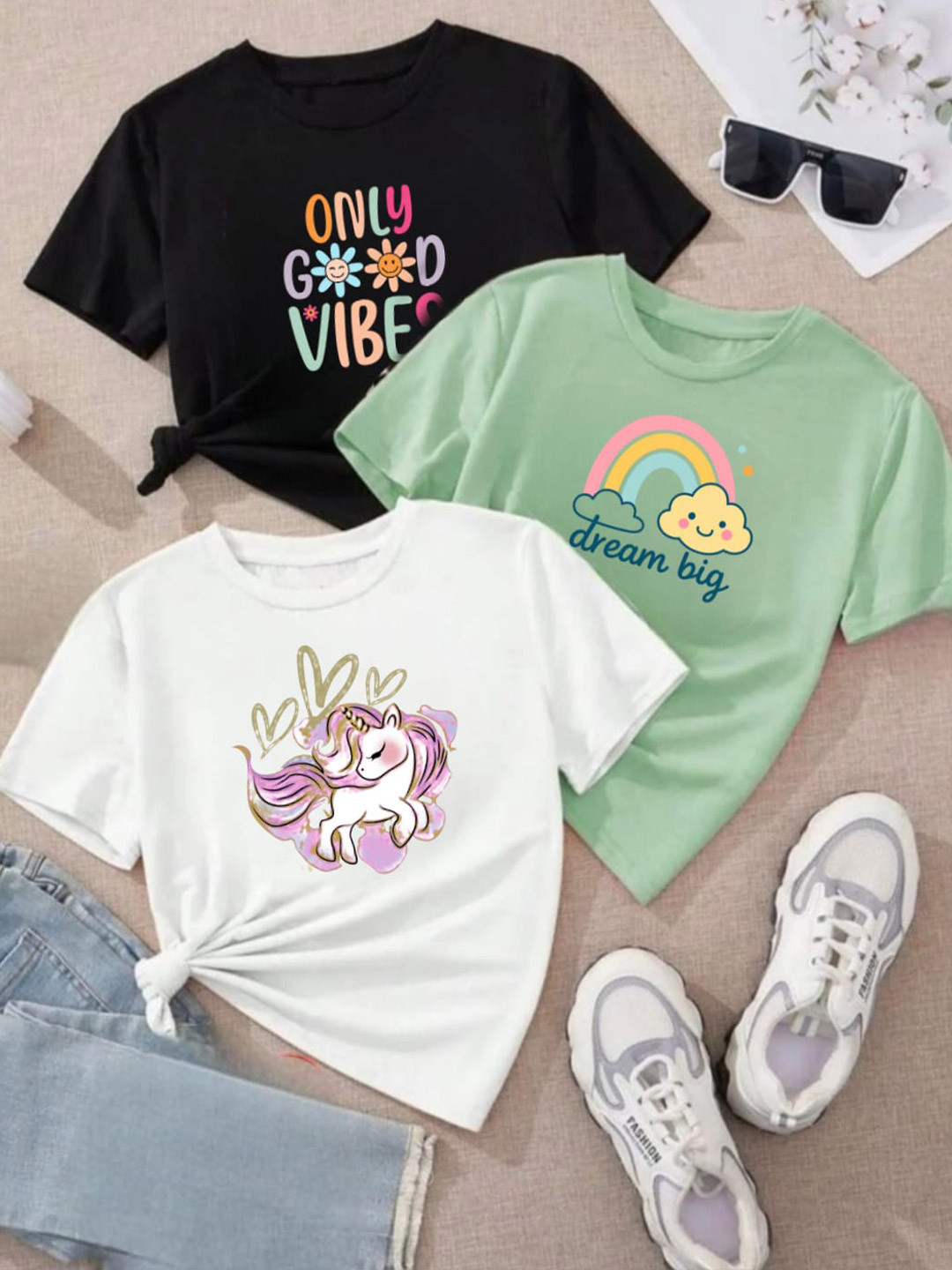 DAMN GUD DG Girls Pack of 3 Printed T-shirt