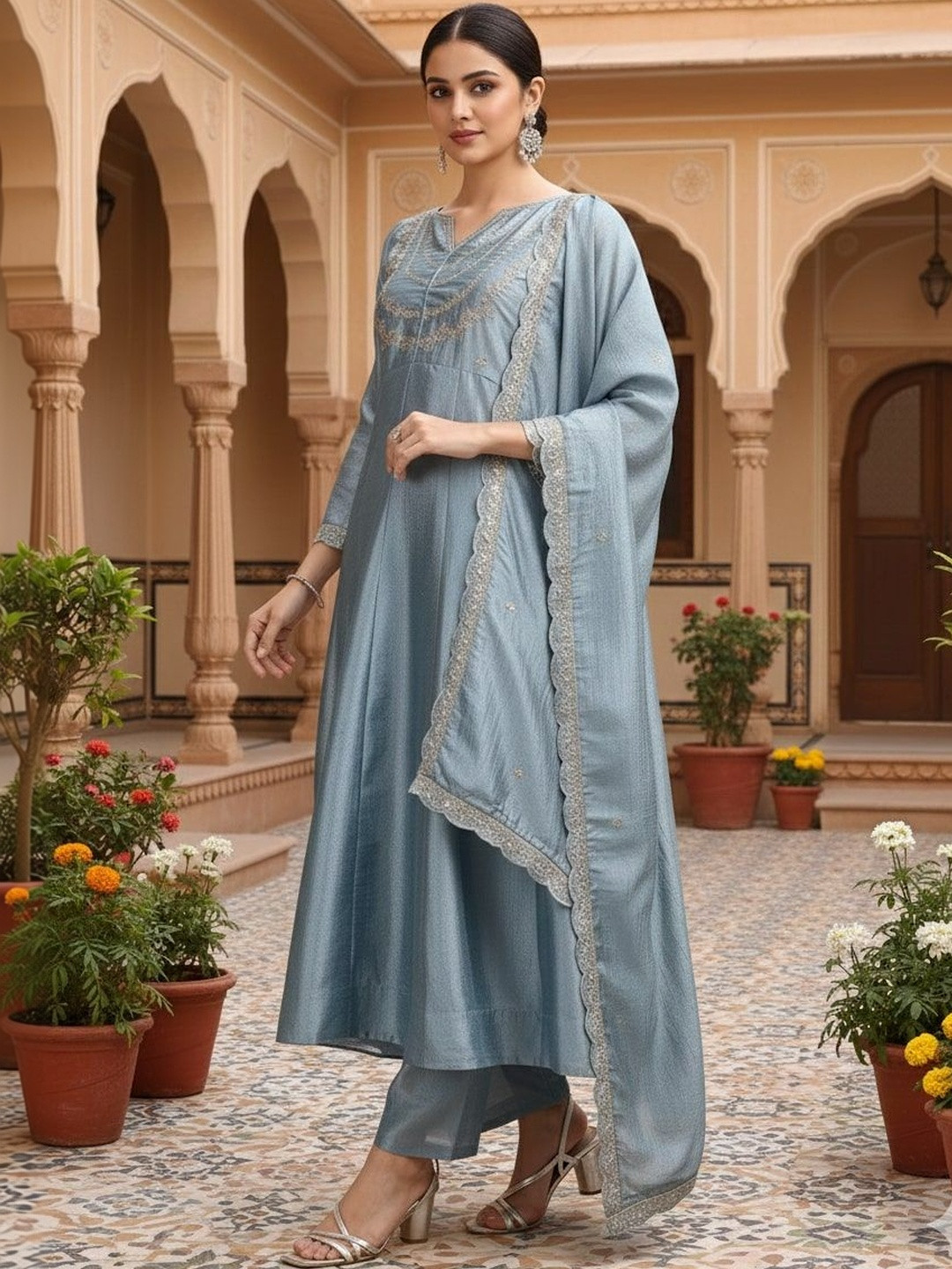 Omicron Fab Women Ethnic Motifs Embroidered Panelled Thread Work Kurta with Trousers & With Dupatta
