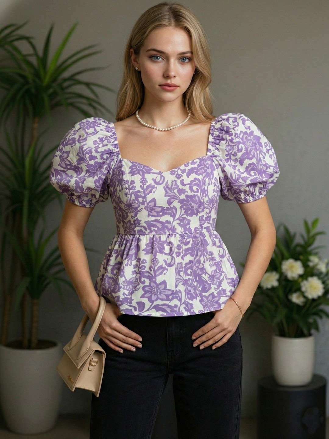 NiloBerry Floral Print Sweetheart Neck Puff Sleeve Peplum Top