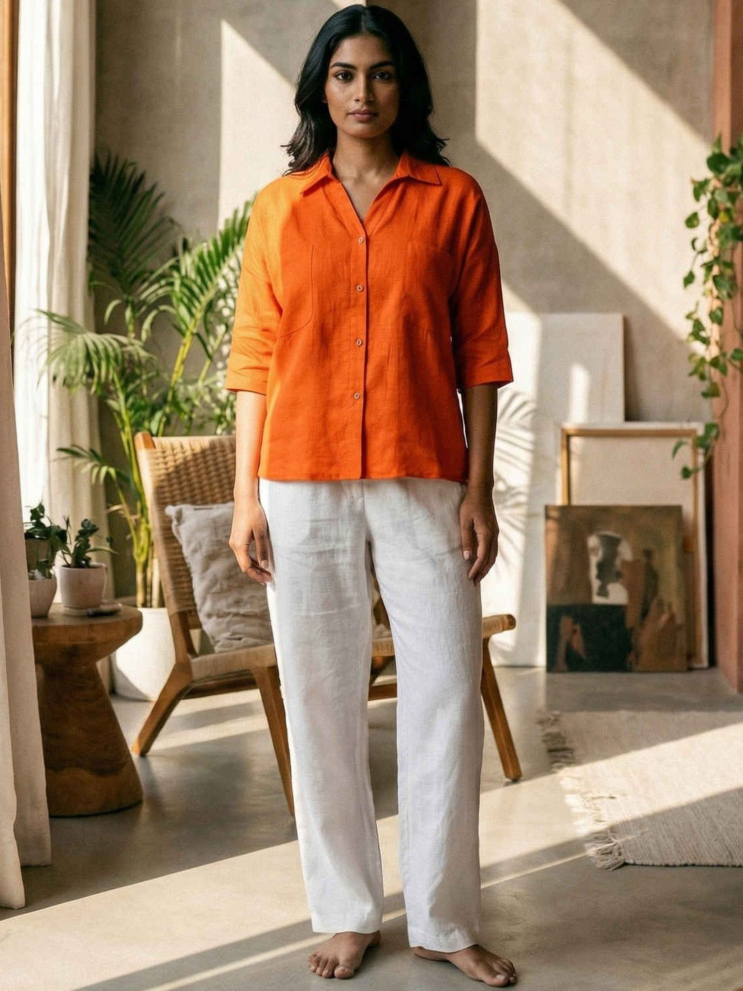 dhaaga Women Pure Linen Solid Top
