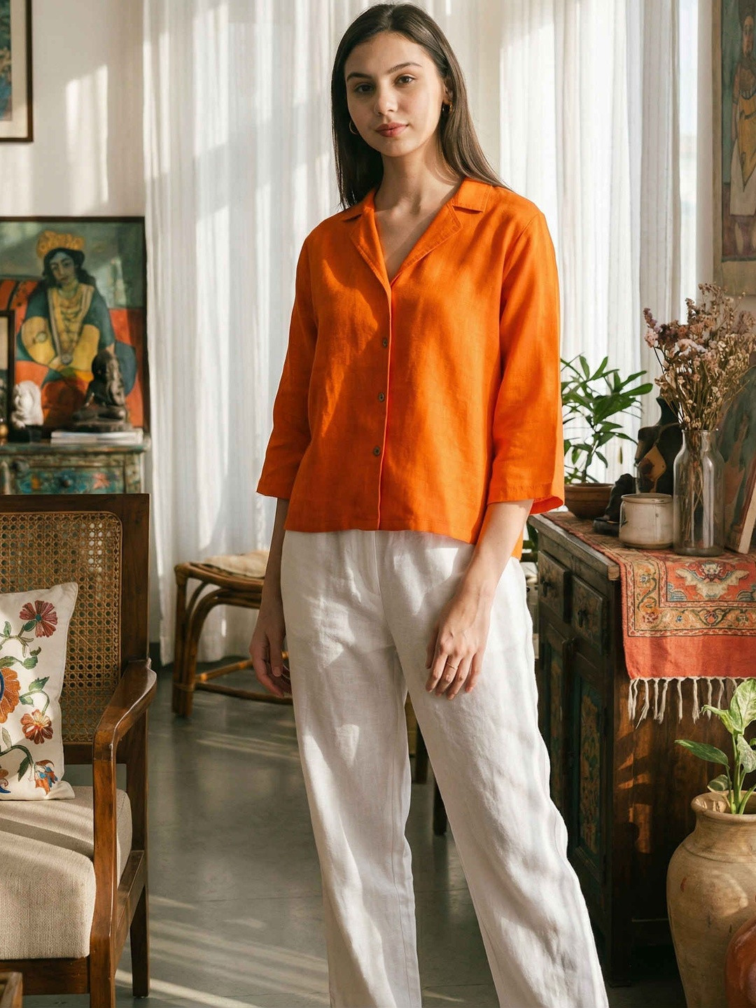 dhaaga Women Pure Linen Solid Top