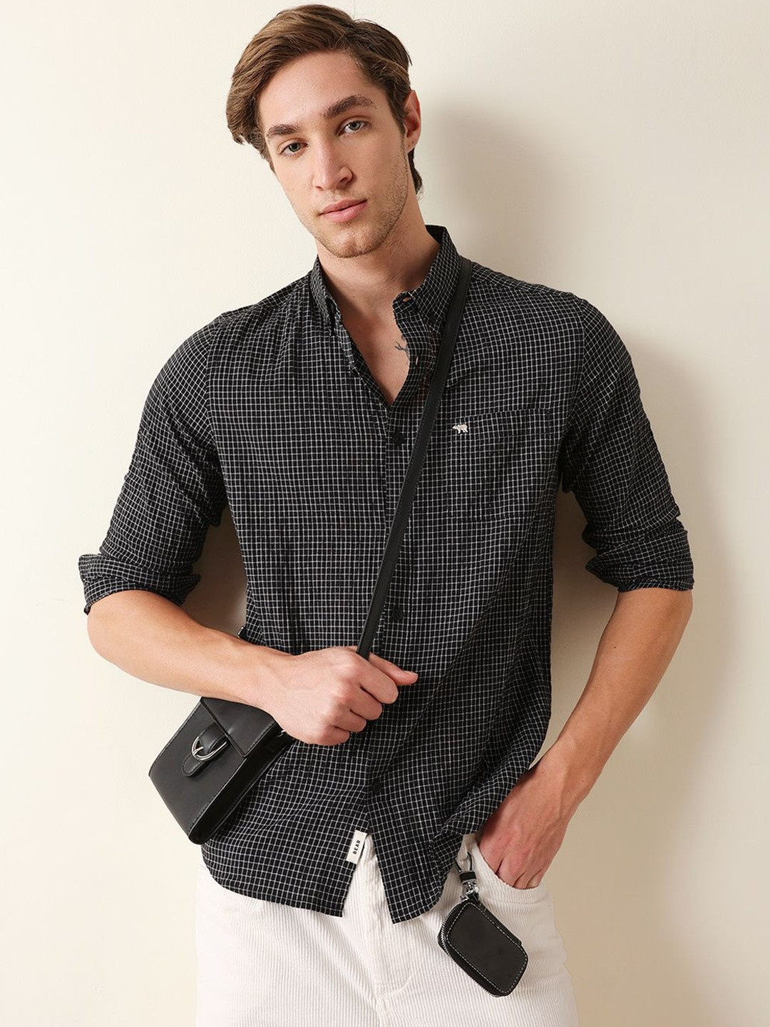 THE BEAR HOUSE Men Cotton Slim Fit Micro Checks Casual Shirt